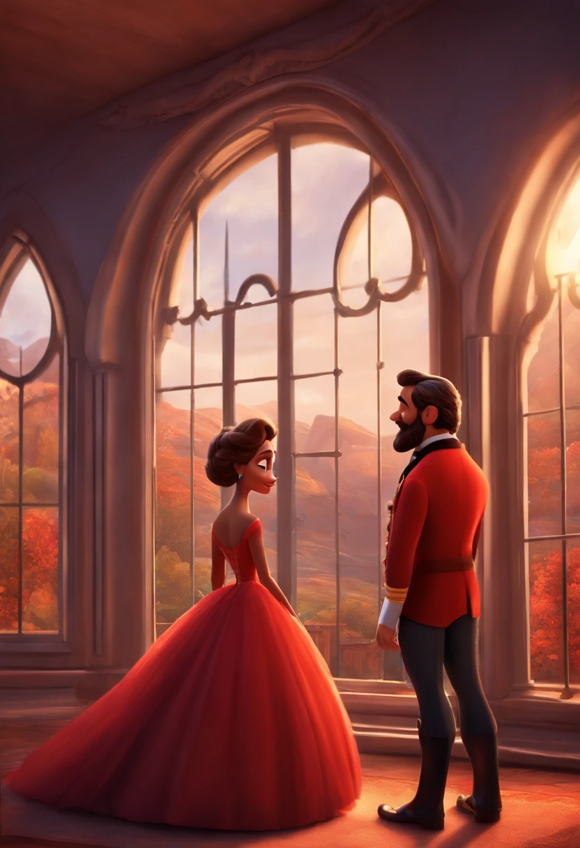 Desenho estilo 3D Pixar, um casal, homem grisalho de vermelho e com barba grisalha, mulher de preto, apaixonados, estilo disney pixar, melhor qualidade, alta qulidade