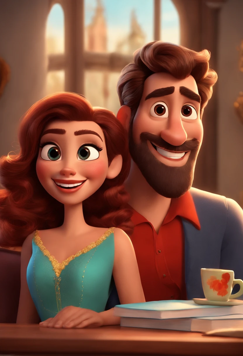 Desenho estilo 3D Pixar, um casal, homem grisalho de vermelho e com barba grisalha, mulher de preto, apaixonados, estilo disney pixar, melhor qualidade, alta qulidade