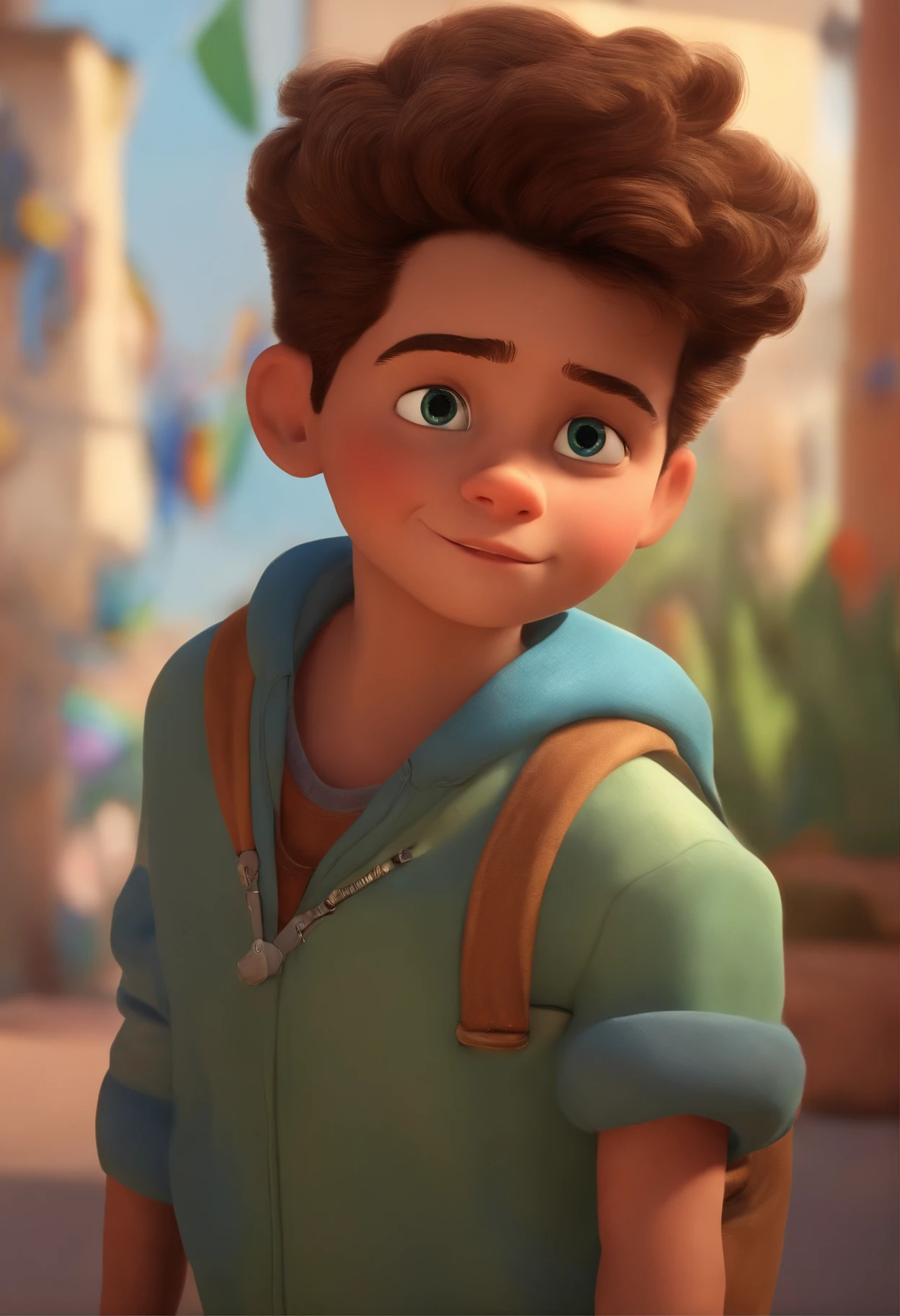 Image of a boy for a story in a YouTube video in Pixar format, he's Otto, He's the class leader, He's outgoing, frisky, cabelos castanho claros e cacheado e levanta-se para um monte de coisas