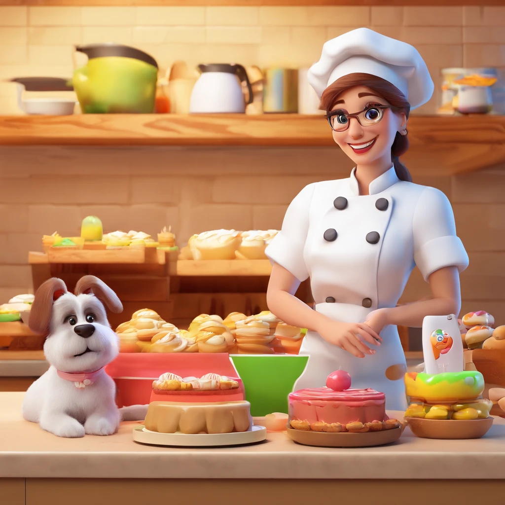 (best quality,hd,highres:1.2),3d-style Pixar cartoon scene,cartoonish painting,smooth textures and shading,detailed scene,
45-year-old woman with straight brown hair,woman dressed as a pastry chef,pastry chef uniform and hat,
female Maltese dog beside her,adorable white fur,playful expression and bright eyes.