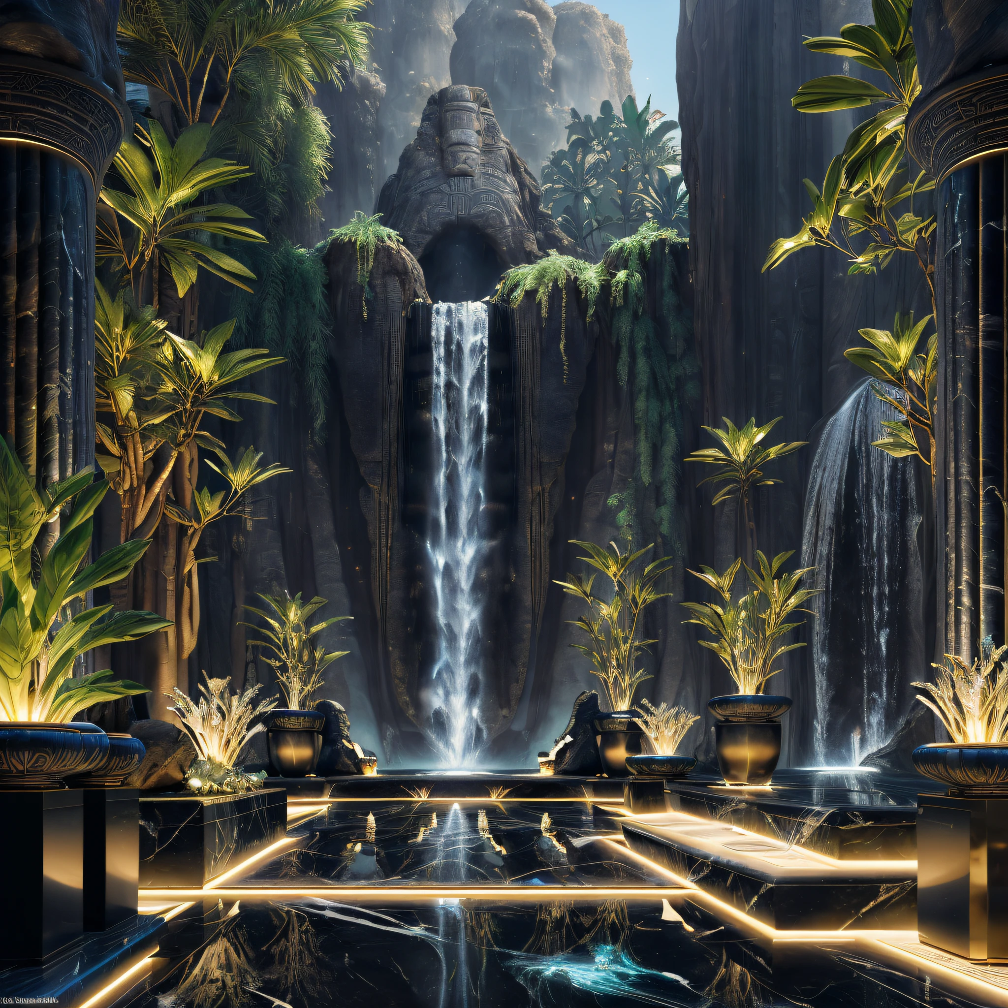 incredible black luxurious futuristic interior in Ancient Egyptian style with many ((lush plants)) (lotus flowers), ((palm trees)), rocky walls, (sand), ((waterfalls)) (marble), ((precious minerals)), ((metals)), (gemstones), crystals, clouds and (water), crocodiles, (hieroglyphics), (((ultra luxury))), (black marble) – with ((beautiful lights)), Cherry blossoms, Unreal Engine, HQ, 16k