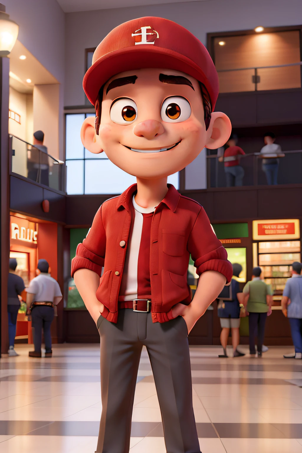 Homem, de terno, majo, baixinho, in a red cap, With hands in pocket inside a financial bank in a shopping mall
