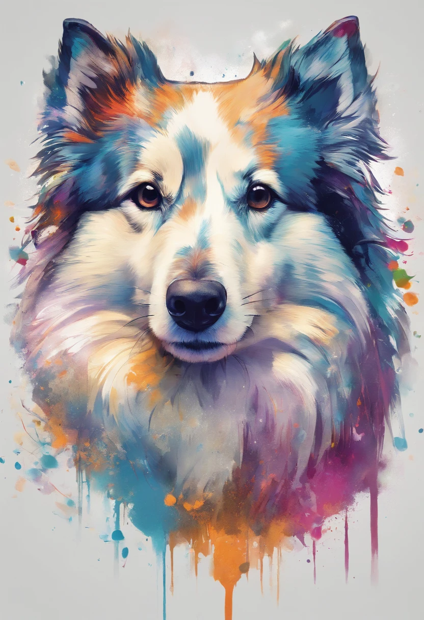 arte splash, Shetland Shetland Sheepdog, ((fundo branco)), olhos penetrantes, epic instagram, art stations, estilo splash de tinta colorida, Contornos, hiper detalhado intrincadamente detalhado , illusory engine, genial, detalhes intrincados, tela inicial, cores complementares, arte conceitual de fantasia, 8K resolution, A obra-prima do Deviantart, oil painting, heavy strokes, pingos de tinta, splashart