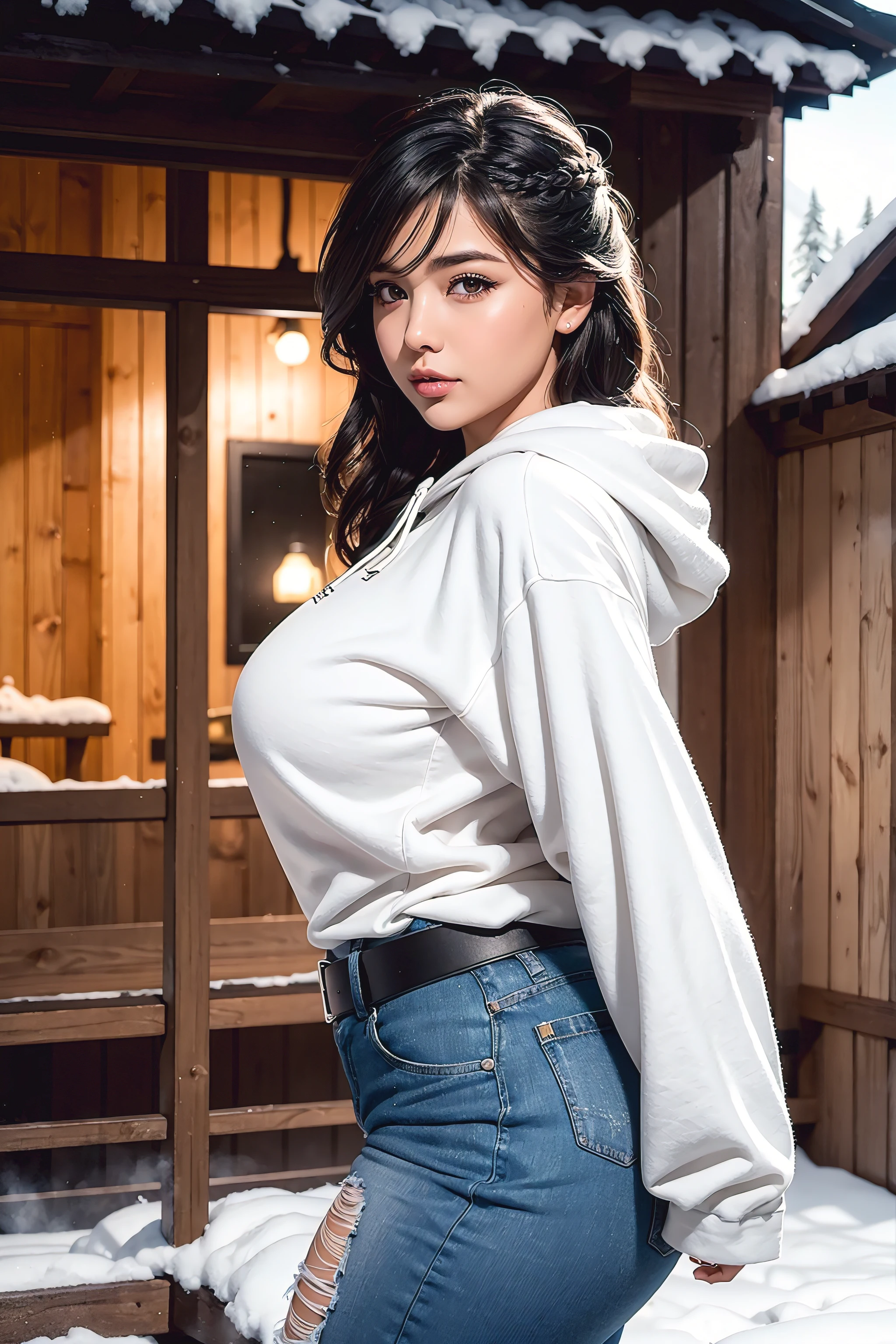 Beautiful sensual woman with a curvy body, long hair, bangs, french braid, widest waist, fitting breasts, curvy accentuated booty, sparkling eyes, long eyelashes, thick thighs, Strong calves, shy Look, taniaayusiregar, She wears a black hoodie, black jeans, belt, Standing on the porch of a small Mountain hut, evening in Winter, snowy, photorealistic, Masterpiece, bokeh, Volumetric lighting, winter season atmosphere, close up shot from the side