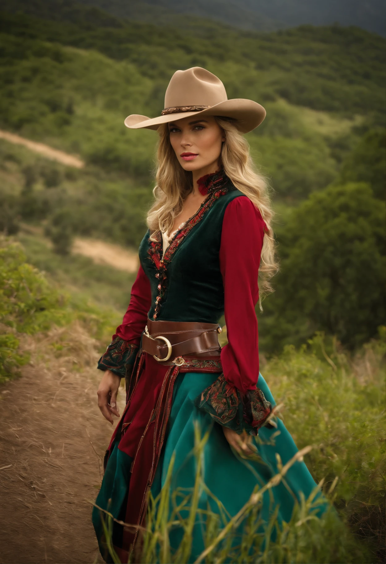 (master part, best quality:1.2), cowboy shot, sozinho, 1girl, Carlota Aulin, no expression, boca fechada, Olhando para Vewer, Ascot, Capelet, saia, coxas azuis