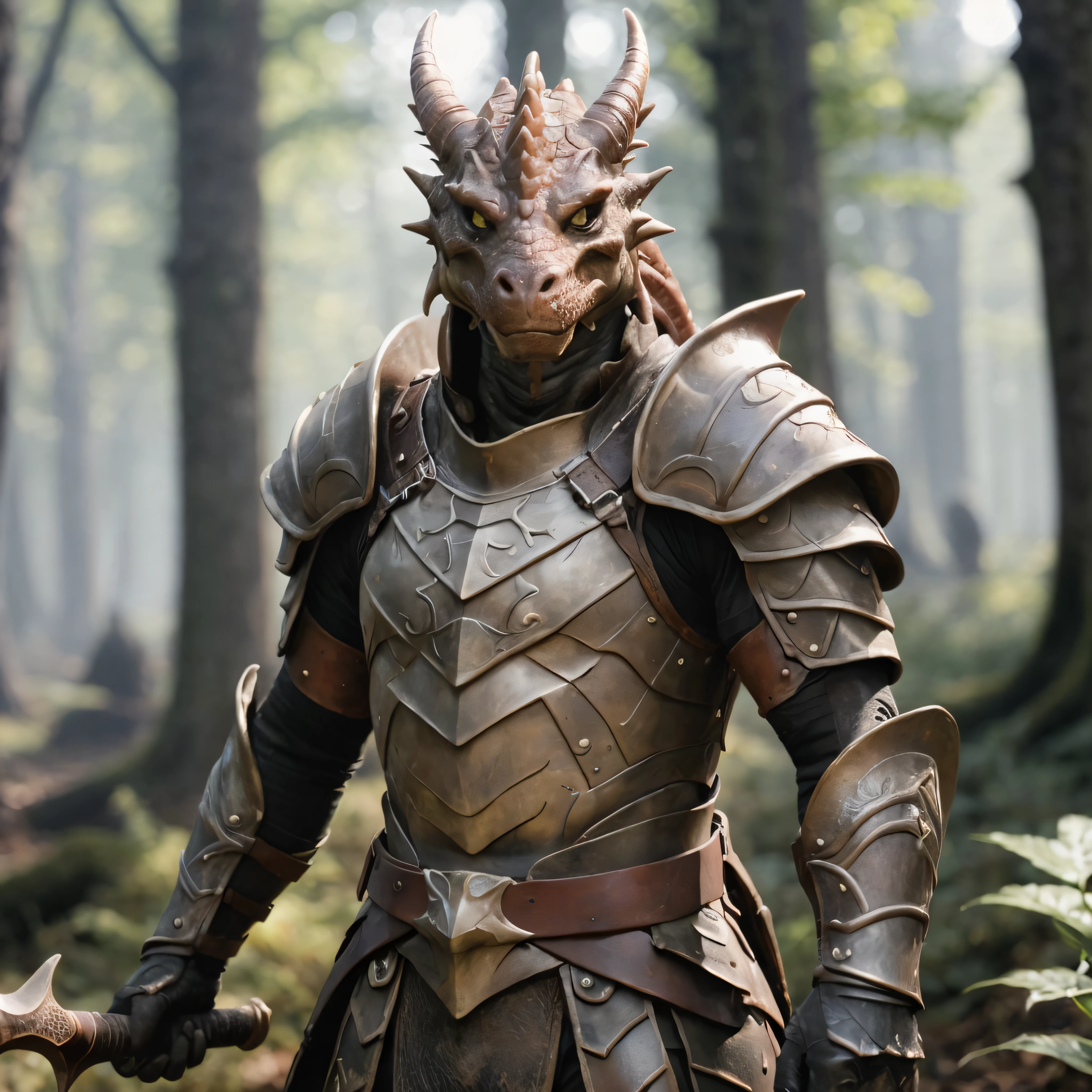 highly detailed portrait photo of a (dragonkin):1.2 in a dark dense forest,

dragonkin, solo, weapon, male focus, full armor,

in a dark dense tree filled temperate forest,

depth of field:1.2, blurry, blurry background,
realistic:1.3,

photorealistic,
fantasy, cinematic,
32k, best quality, 
god rays:1.2,
dappled sunlight:1.1,