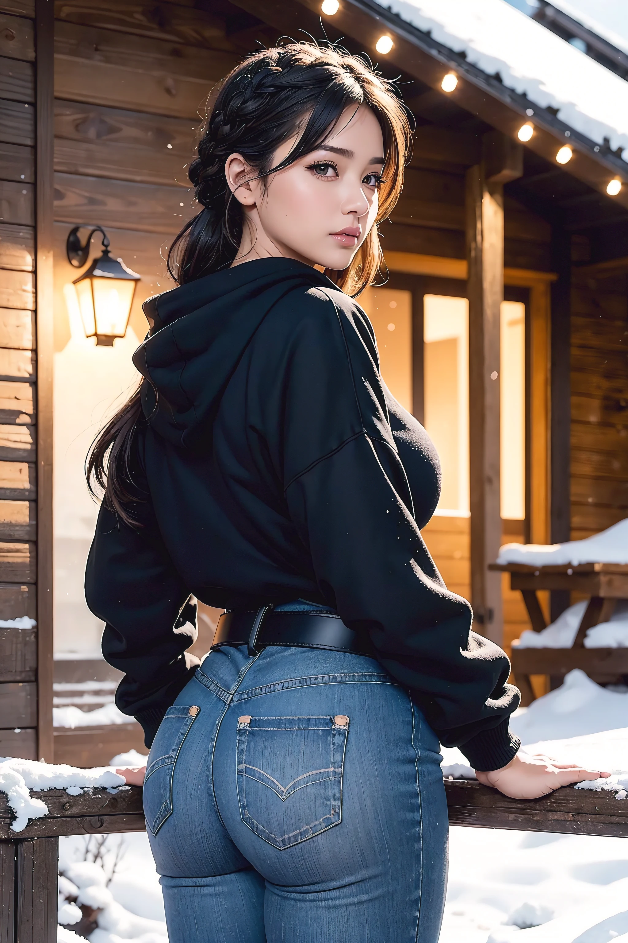 Beautiful sensual woman with a curvy body, long hair, bangs, french braid, widest waist, fitting breasts, curvy accentuated booty, sparkling eyes, long eyelashes, thick thighs, Strong calves, shy Look, taniaayusiregar, She wears a black hoodie, black jeans, belt, Standing on the porch of a small Mountain hut, evening in Winter, snowy, photorealistic, Masterpiece, bokeh, Volumetric lighting, winter season atmosphere, close up shot from the side