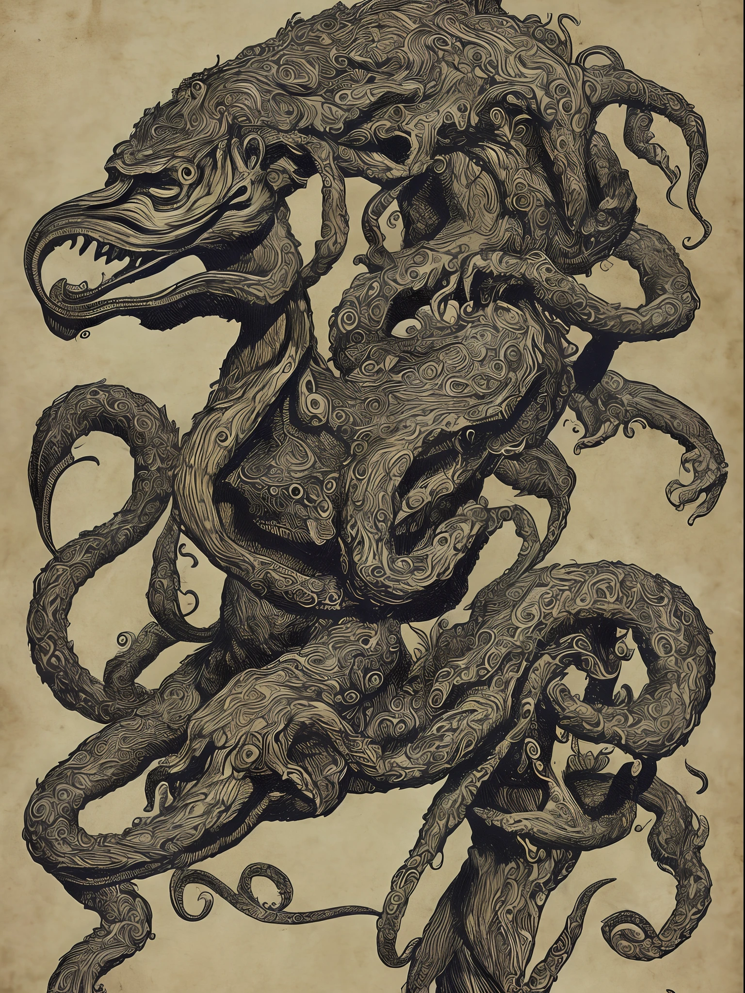 A 3 headed centaur with long necks, and with the faces of a panther, cobra, and Eagle . The torso of a gorilla with tentacles arms. The body of a wolf with spider legs and a scorpion tail