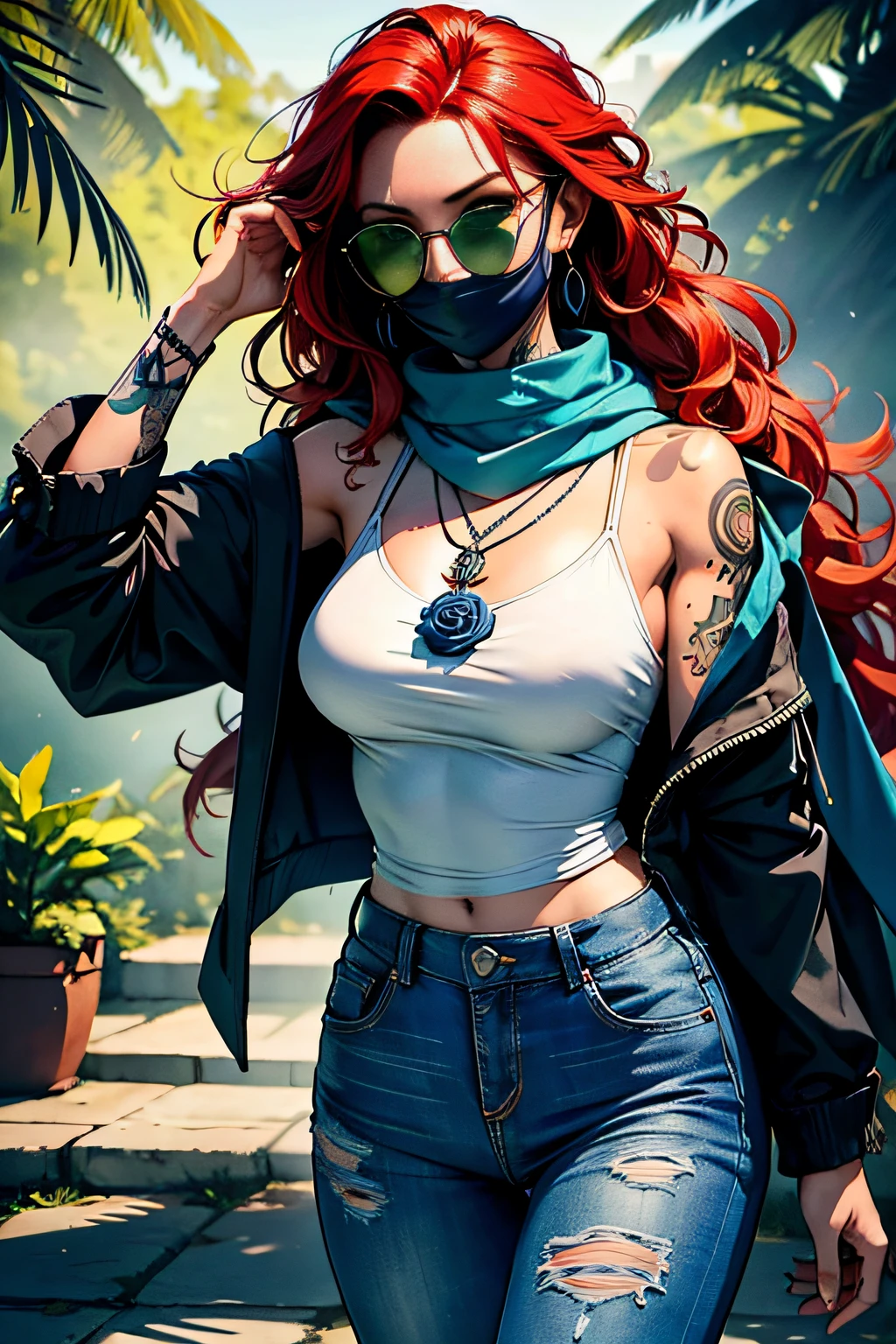 qualidade absurda. natural  lightting. hiper-realismo. Fantastic illustration. Redhead girl with long curly hair and rose tattoos on shoulders and forearms, vestindo top azul e jeans, sunglasses, Scarf in the hair, pentagram pendant on neck, carregando uma katana. Ela tem um olho de cada cor: Verde o direito, azul o esquerdo. estilo bruxa, heathen, Celtic, Numa terra devastada.