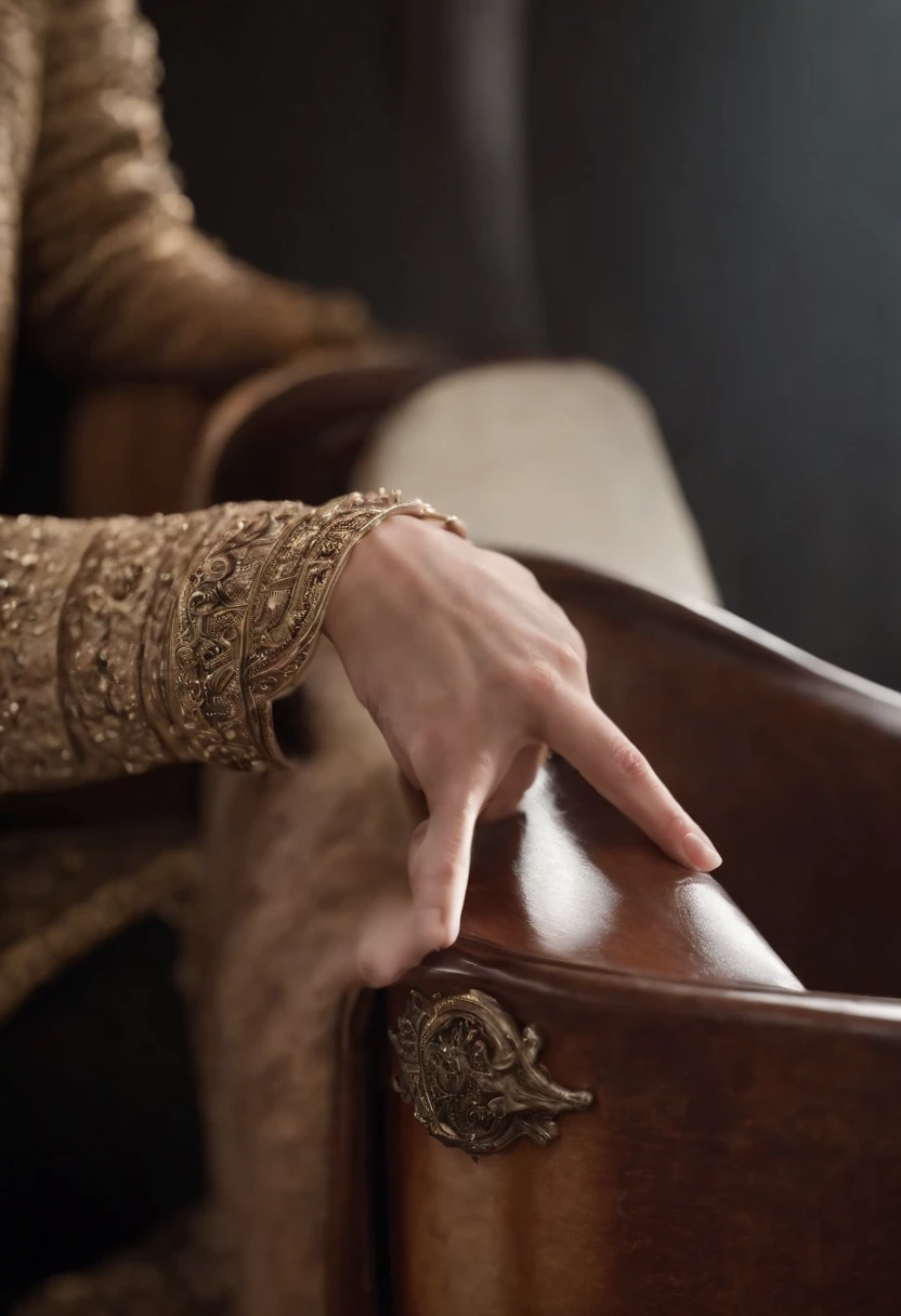 Image of a hand on the arm of a throne, From the back and in the background a blurred guitar