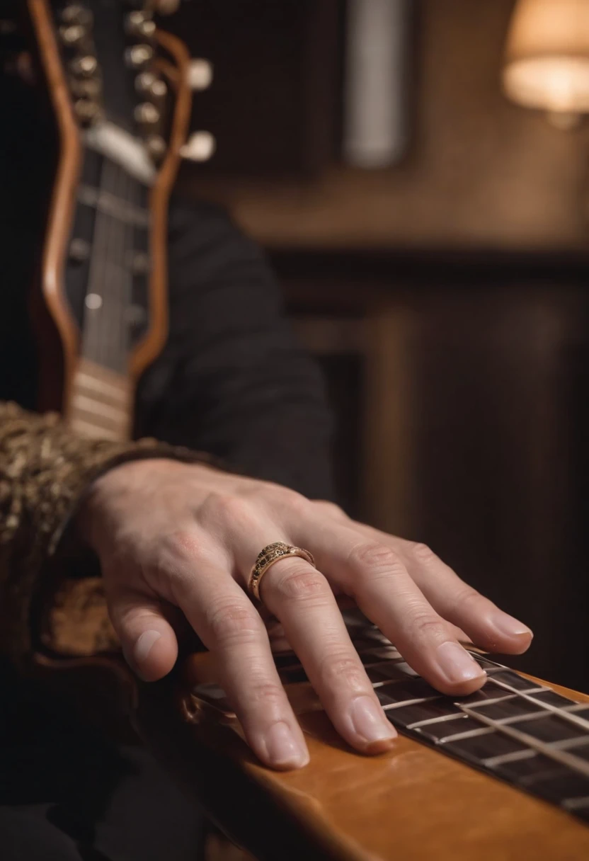 Image of a hand on the arm of a throne, From the back and in the background a blurred guitar