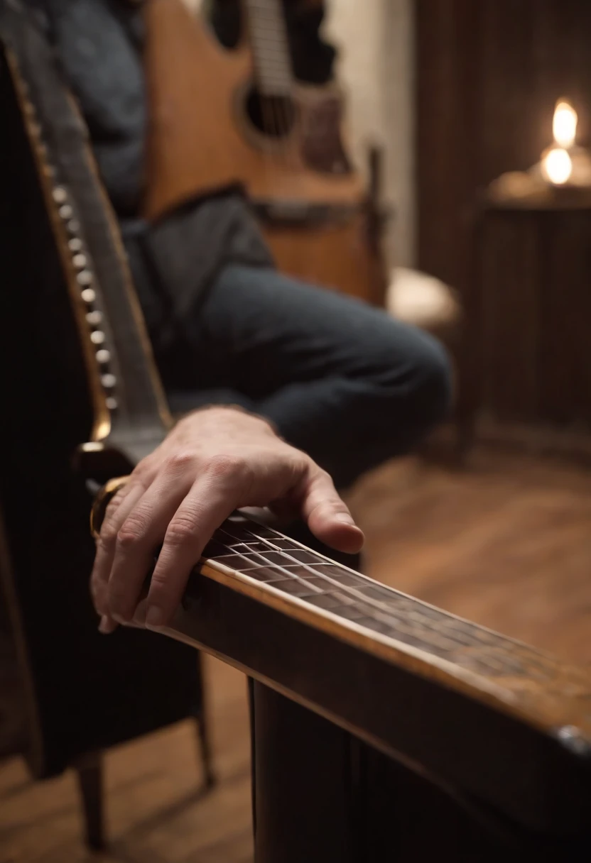 Image of a hand on the arm of a throne, From the back and in the background a blurred guitar
