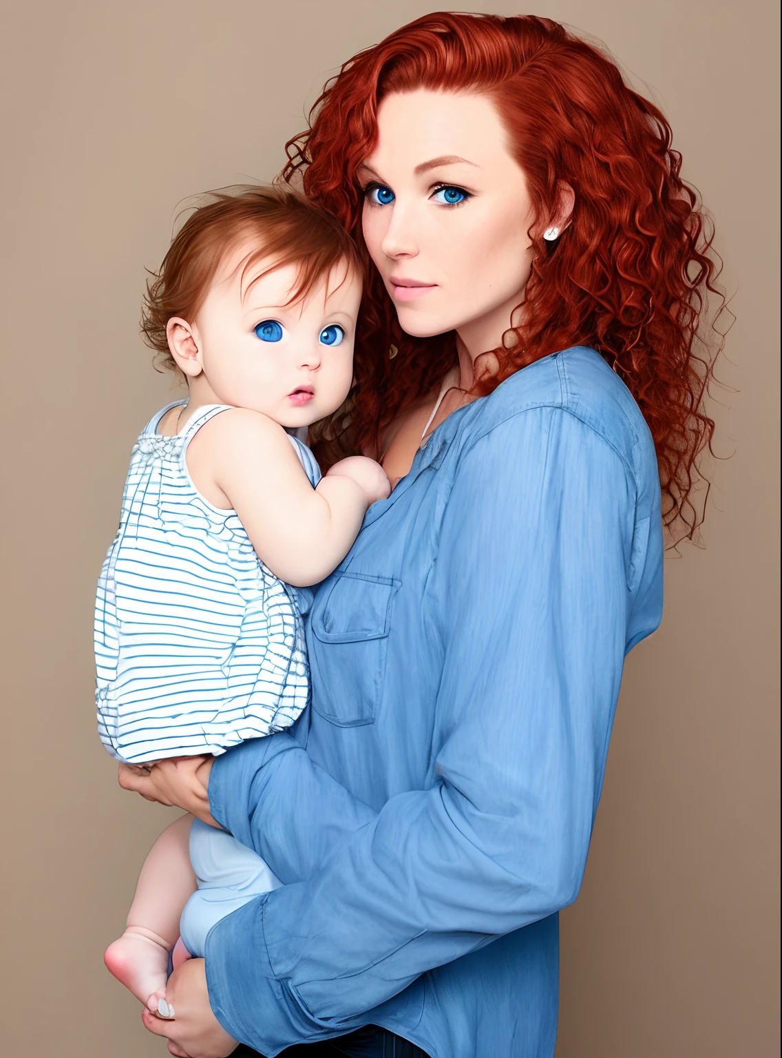 White woman Short shoulder-length red wavy hair holding a blonde white baby with blue eyes