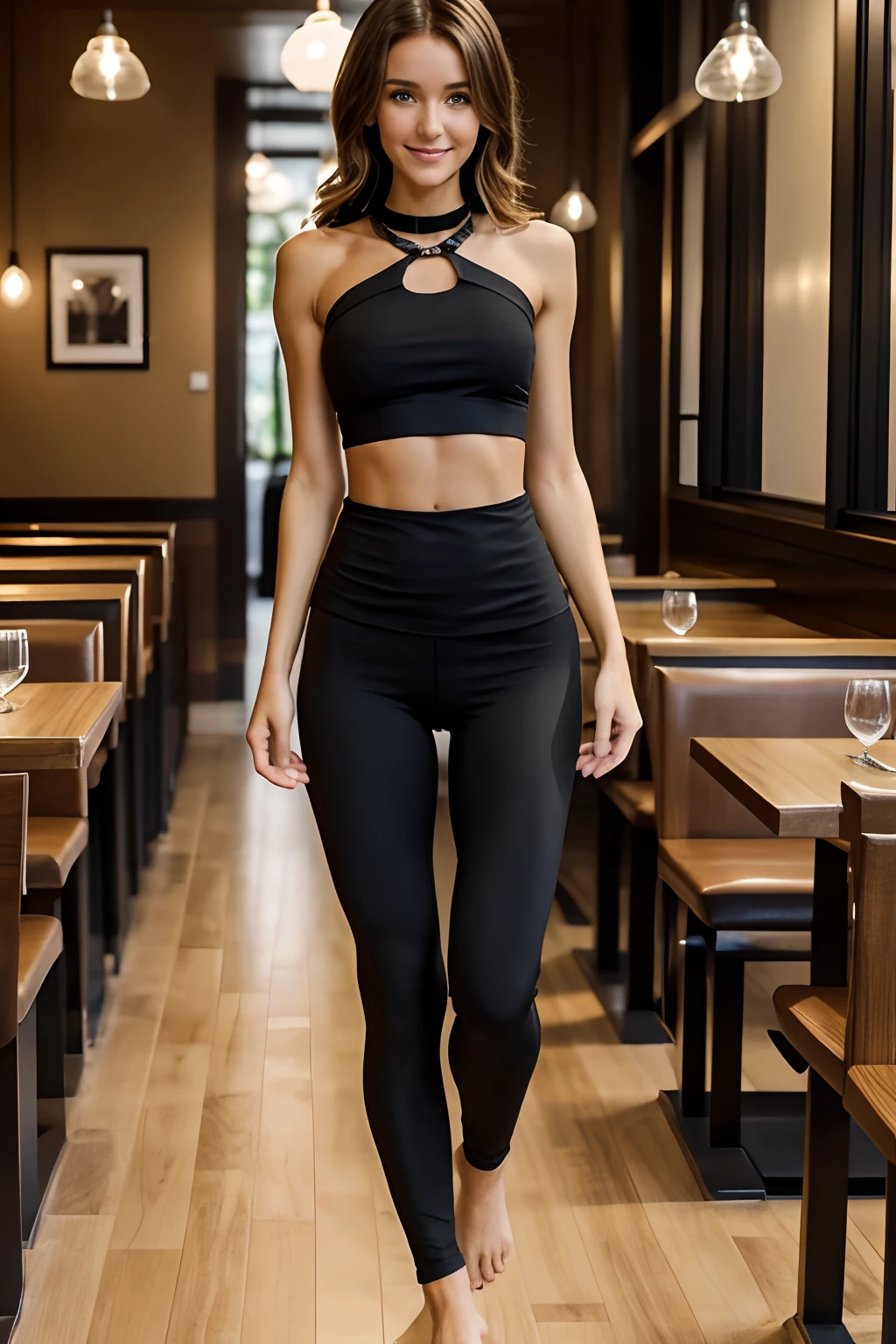 solo, full body shot of a 20 year old girl walking in restaurant, (rachel cook: 1.2), (black low waist leggings, ultra tight leggings, short black strapless top), (fit body, skinny, slim, ribs, abs, long torso), smiling, (thigh gap, camel toe), (black collar, black waist chain: 1.2), (legs, feet, barefoot: 1.4)