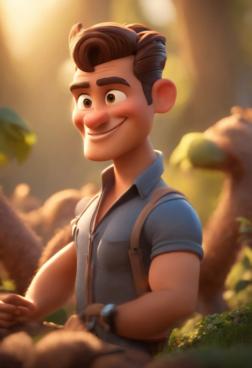 personagem dos desenhos animados de um homem com terno e gravata, moreno, cabelo curto raspado no formato v, cavanhaque, sorriso aberto, com um microfone de mesa na frente, The landscape in the background of a crowd of raised arms, animation character, Caractere estilizado, animation style rendering, 3D estilizado, Arnold Maya render, 3 d render stylized, toon render keyshot, Personagem 3D, Personagem 3D, 3d rendering stylized, 3 d character render, personagem de desenho animado, Personagem de close up, Pose de personagem,  (Estilo Pixar) (master part:1.2) (Bokeh) (best quality) (pele detalhada) (textura detalhada) (8k) (argila) (Cinematic lighting) (foco nítido