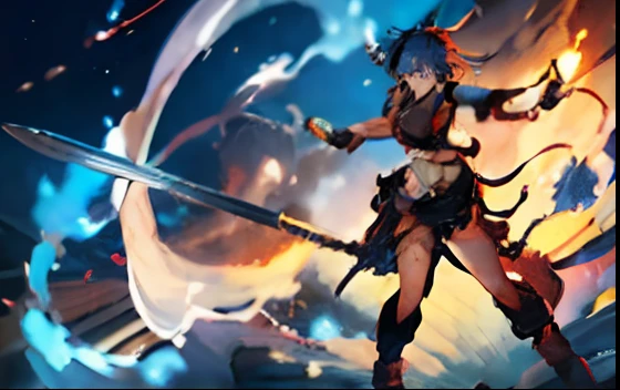 best quality, masterpiece, realistic, photorealistic, 2girls,, looking at viewer, full body, standing, red hair, blue hair, Mikanko, cosplay, hair ornament, detailed background, fire, water, sword, crop top, baggy sleeves