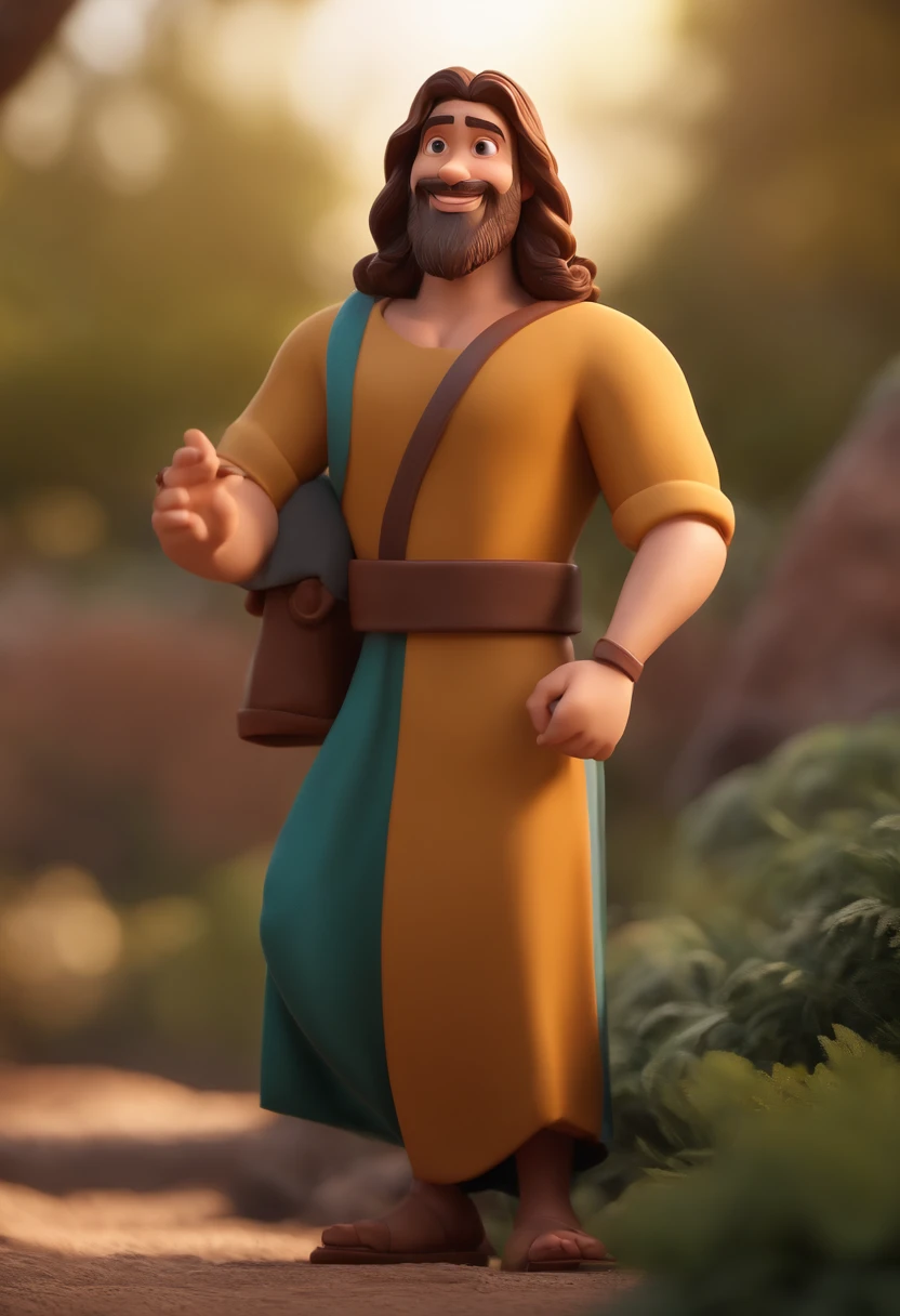 Jesus character with medium hair and beard cartoon, animation character, Caractere estilizado, animation style rendering, 3D estilizado, 3 d render stylized, toon render keyshot, Personagem 3D, Personagem 3D, 3d rendering stylized, 3 d character render, personagem de desenho animado, Personagem de close up, Pose de personagem,  (Estilo Pixar) (master part:1.2) (Bokeh) (best quality) (pele detalhada) (textura detalhada) (8k) (argila) (Cinematic lighting) (foco nítido