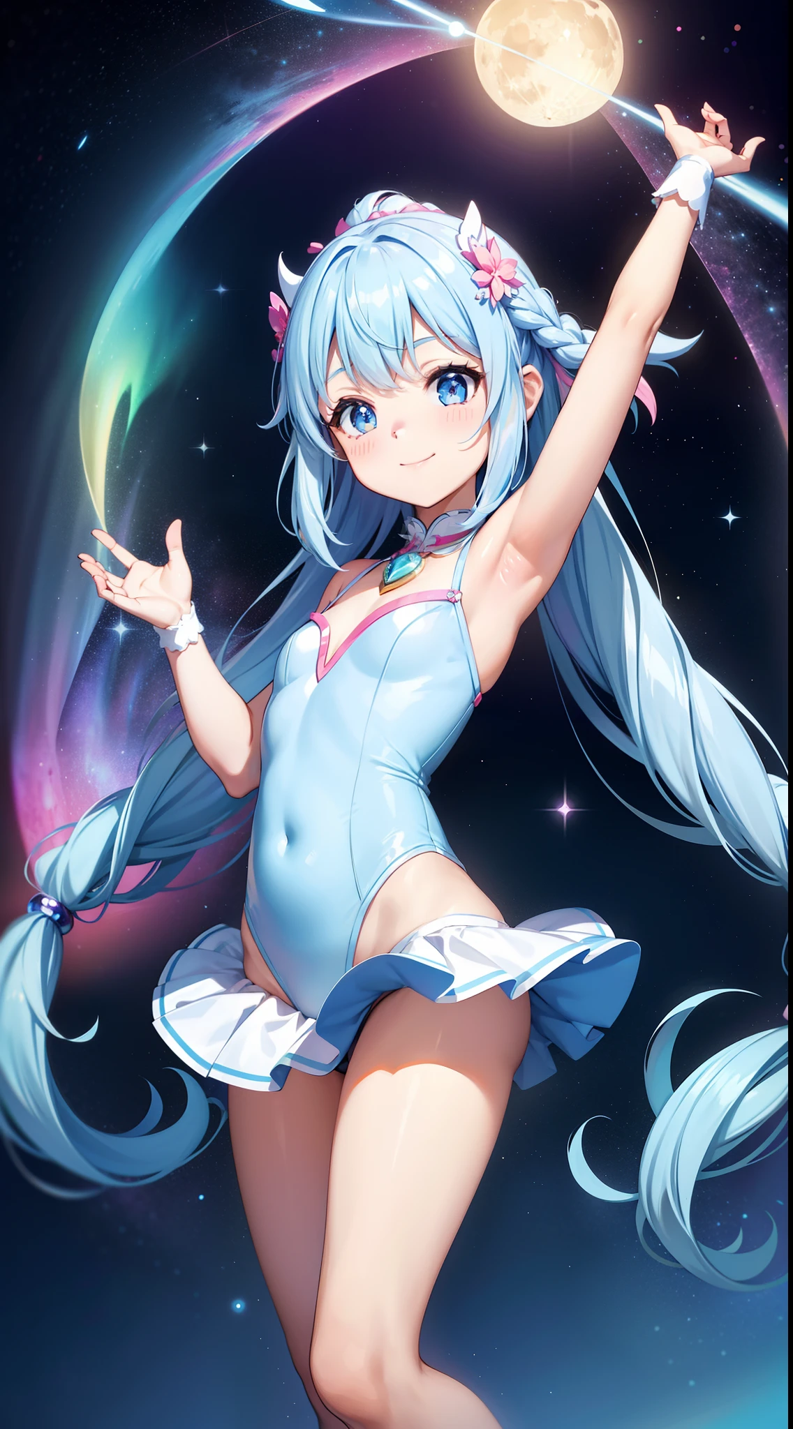 Super Idol tiny girl A charming smile sky blue hair length hair Twin-tailed Glittering white, Pink leotard facing front Mystical Fantasia constellation a moon Crystal Brilliance Aurora Borealis in the Night Sky
