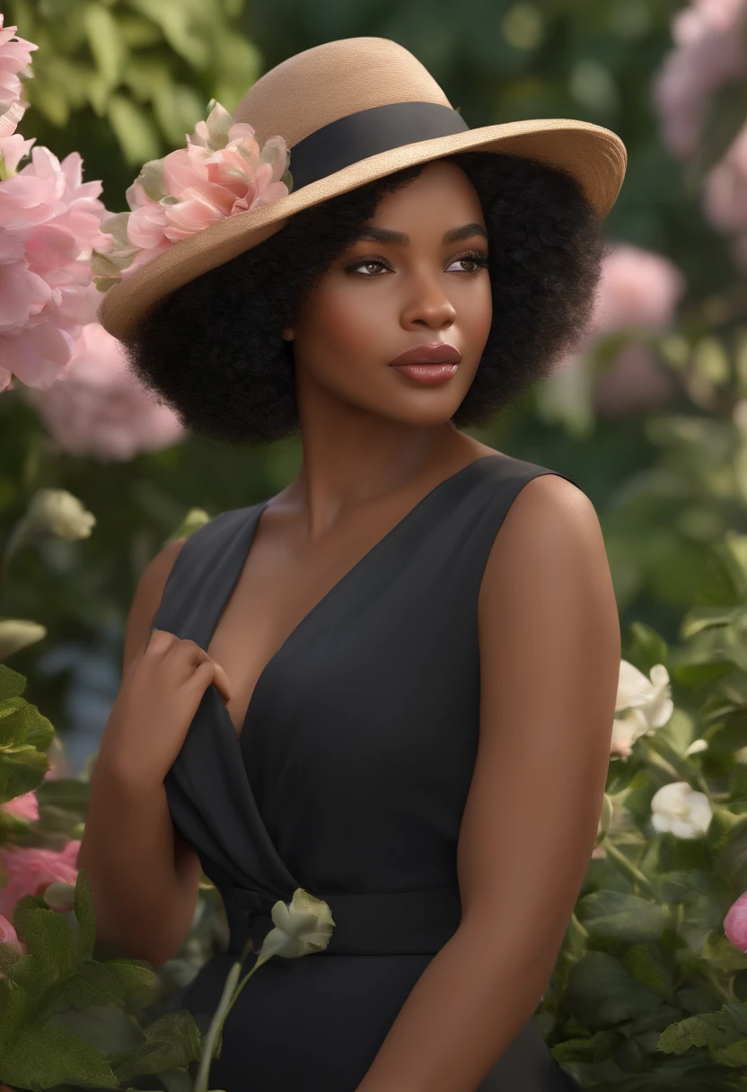 (best quality,4k,8k,highres,masterpiece:1.2),ultra-detailed,(realistic,photorealistic,photo-realistic:1.37),3D rendering,pixar style,black woman,short black hair,side-swept fringe,light brown eyes,pink lips,inspired by Monalisa,blouse,portrait,lush garden,daytime,bright colors,peaceful atmosphere