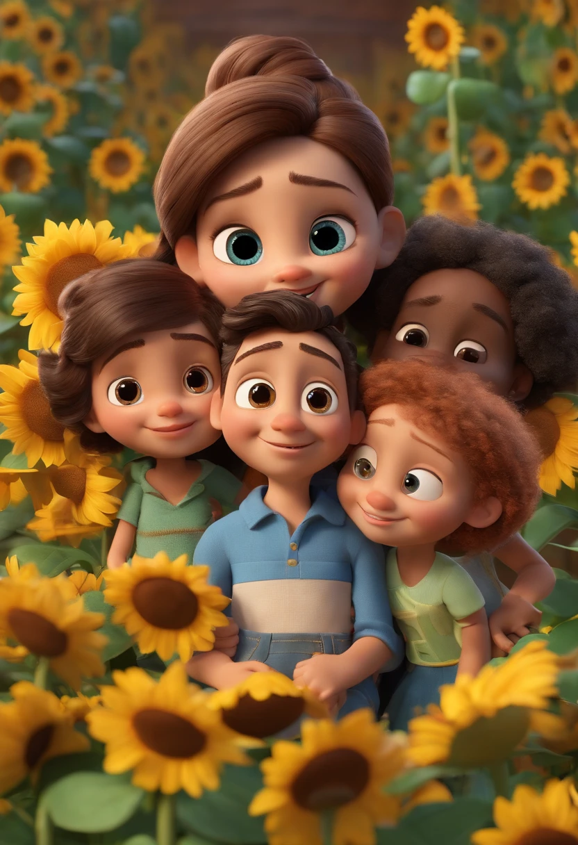 Create a Disney PIXAR-style 3D poster. ((centro da imagem, Triplets)), ((4 pessoas)) ((1 menino 1 menina ao lado, They're hugging each other, O menino tem pele castanha e cabelos castanhos encaracolados e olhos castanhos escuros, 1 menina tem pele clara, olhos castanhos e cabelo loiro , e a outra menina tem pele clara, dark eyes and straight dark hair and the man bald, usa oculos e tem cavanhaque) ((tudo isso no estilo Disney PIXAR 3D, In the background, A house of sunflowers, Gloria Studio, The garden is full of nature 3D render RTX clay material, estilo de design cartunesco, POP Mart, soft lighting, linhas suaves, Spring tilt, Detailed illustrations of PIXAR 3D, Detalhes hiper-realistas, cor quente no estilo Disney PIXAR 3D))
