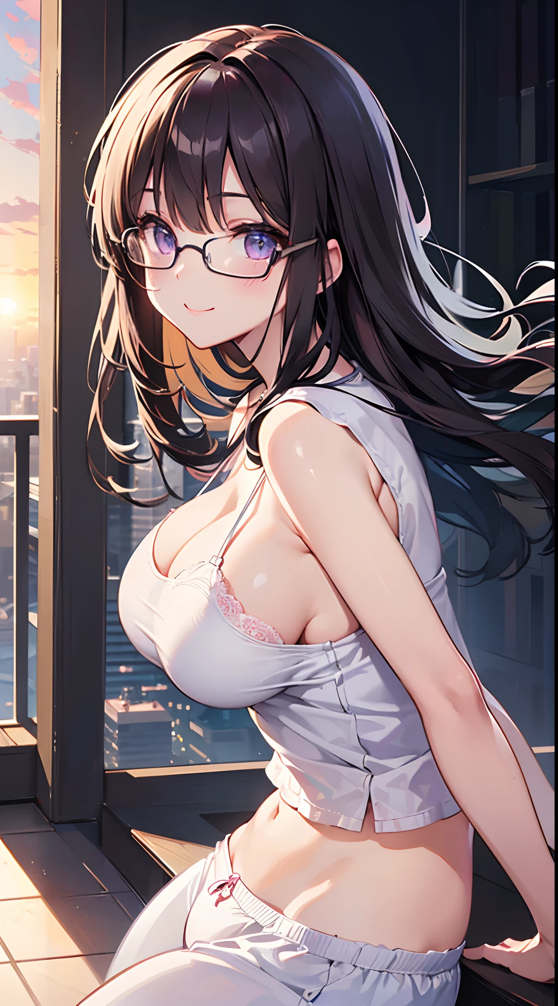 ((masterpiece)), ((best quality)), (ultra-detailed), ((kawaii)), cute, (lovely), ((sexy)), (ero), ((extremely detailed)), 4K, (8K), best quality, (beautiful), anime style, realistic, real, upper body, focus on the face, full body focus, on the balcony, in the room, morning, sunrise, a cute girl, 1girl, solo, pajama, beautiful dark brown hair, beautiful purple eyes, ((beautiful eyes with highlights 1.5)), white-skinned, long hair, buttocks, large breast, wearing underpants, glasses, smile, lens flare, wind effect, shiny-glistening, gleaming, reflection effect
