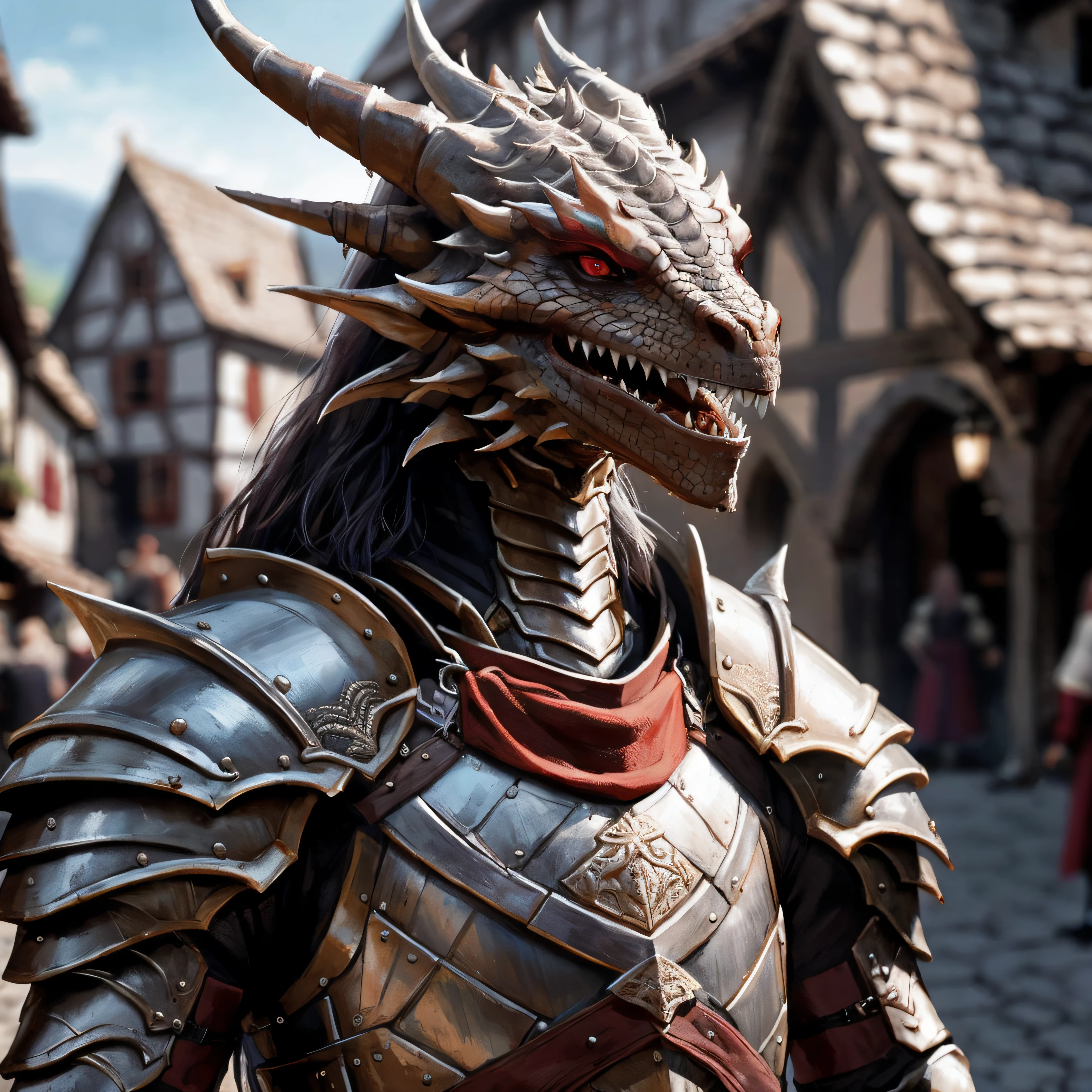 highly detailed photo of a (dragonkin):1.2 on a medieval street in a village,

dragonkin, solo, long hair, red eyes, weapon, male focus, horns, sword, armor, blurry, blurry background, helmet, shoulder armor, gauntlets, pauldrons, full armor,

medieval town with peasants,

depth of field:1.2, blurry, blurry background,
realistic:1.3,

photorealistic,
fantasy, cinematic,
32k, best quality, 
god rays:1.2,
dappled sunlight:1.1,