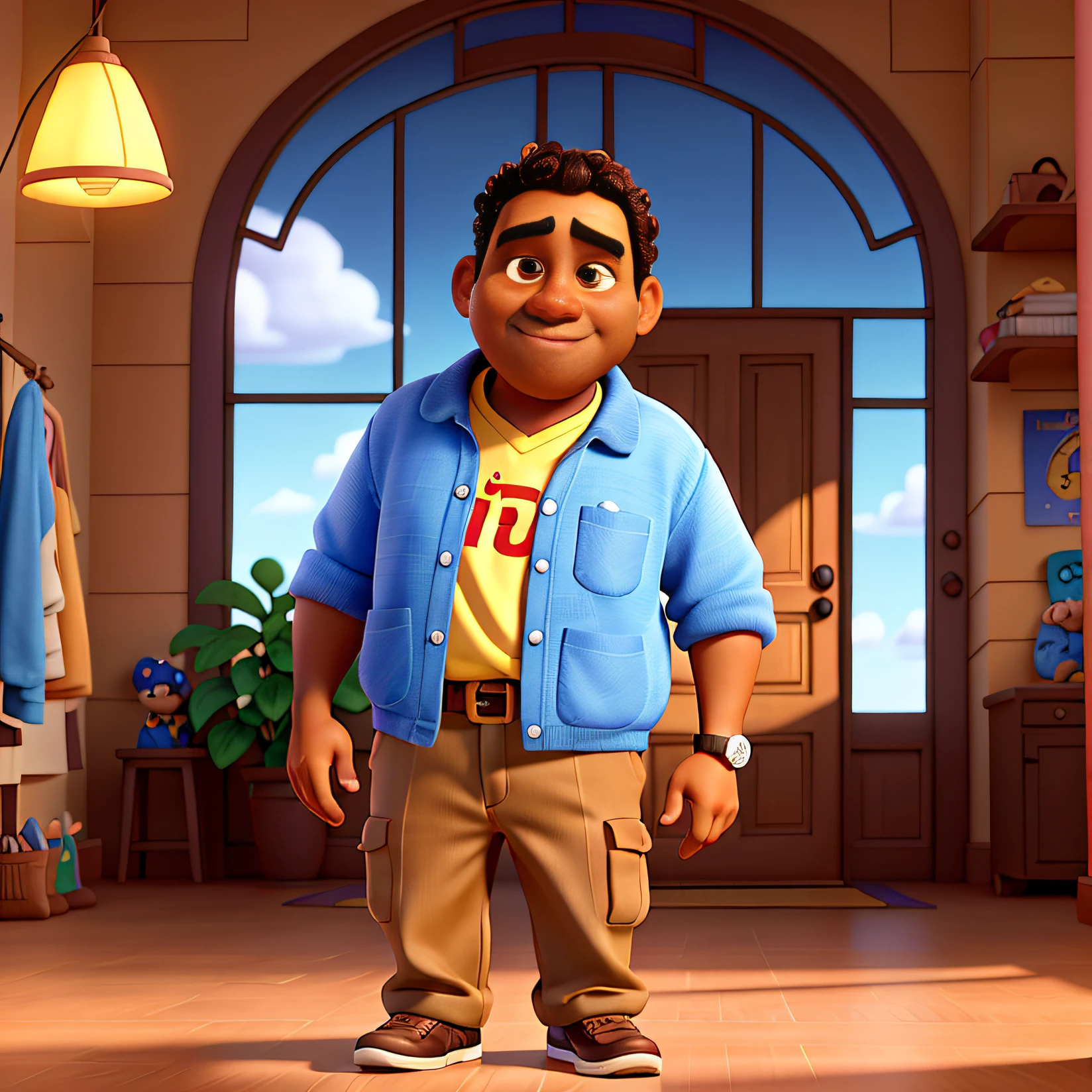Disney/Pixar-inspired movie poster, scene of a dark-skinned 54-year-old man with short, curly brown hair, brown eyes, and big cheeks. Add highlighted text to the front saying "Pr.Vidal Soares Disney" Add highlighted text saying "Pr.Vidal Soares" to the scene. Pixar Dynamic 3D Background, High Quality Best Quality