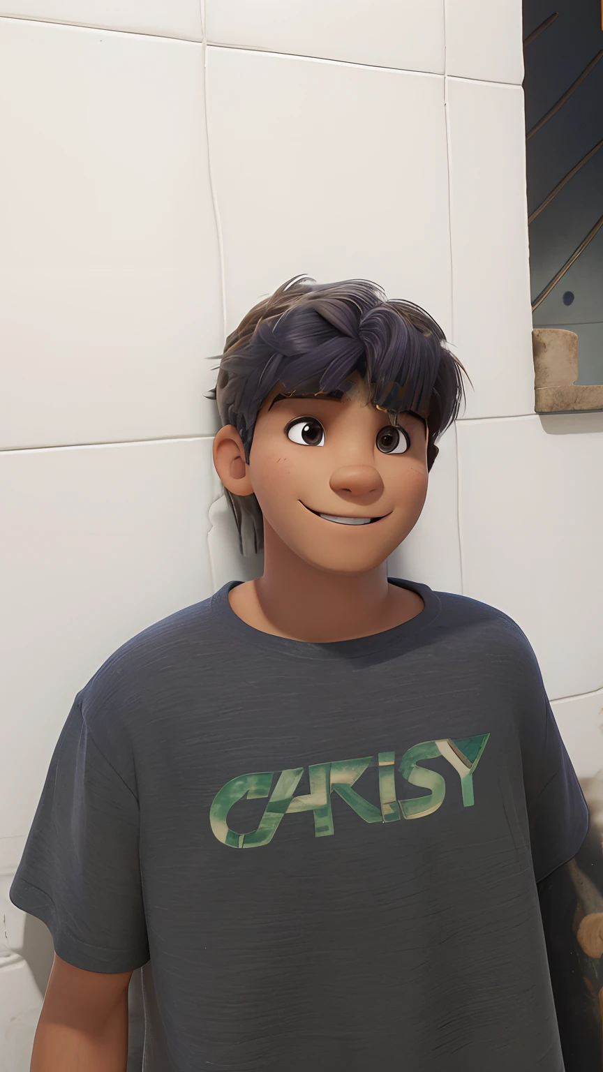Garoto de , cabelos cacheados, olhos castanhos, sorrindo, camiseta cinza, ao fundo uma parede com azulejos brancos, alta qualidade de detalhes