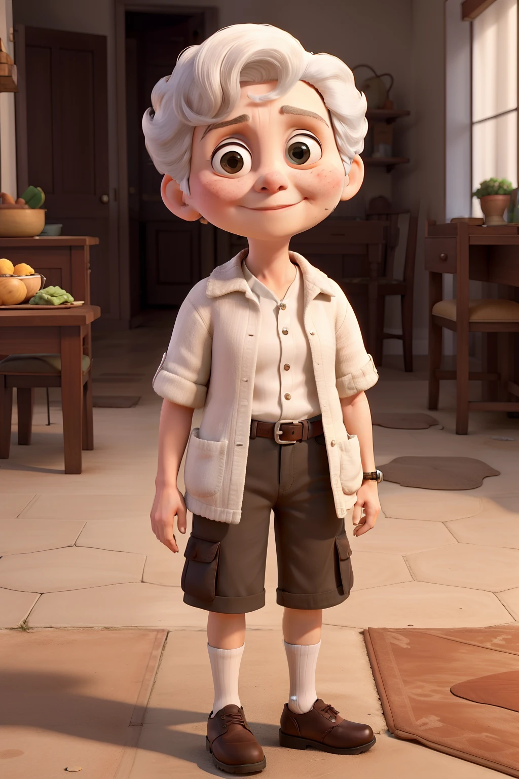 Shorty white granny, rosto quadrado, Johnny's short hair, assando um bolo na cozinha