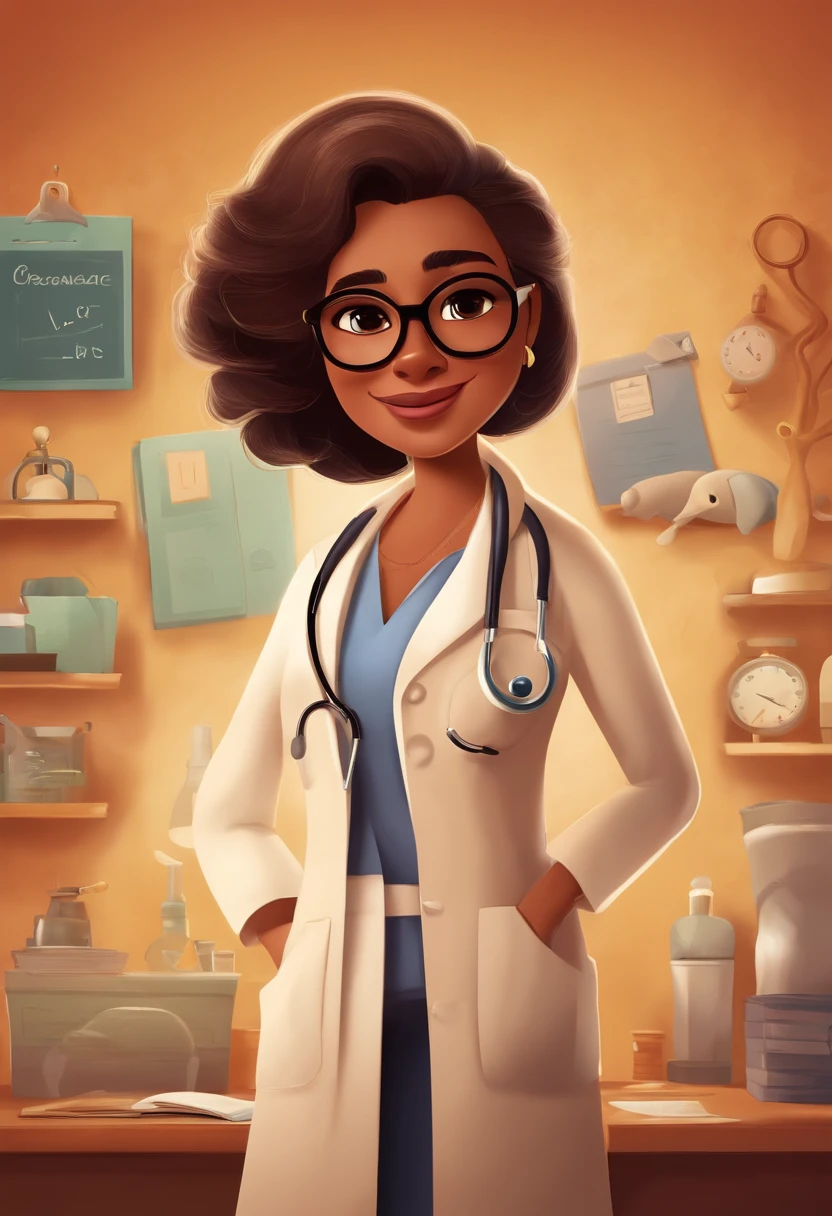 Create a poster in the style of Disney PIXAR movies and scrutinize the Title: BRUNELLA.
The setting should be a gorgeous doctor's office, com cores claras e amplo. The main image should be of a beautiful female doctor, de pele clara, cabelos lisos escuros longos, sorriso no rosto, Wearing glasses and dressed like a doctor. The woman must occupy up to 30% da imagem, at the top should have the title in PIXAR DISNEY handwriting and style.