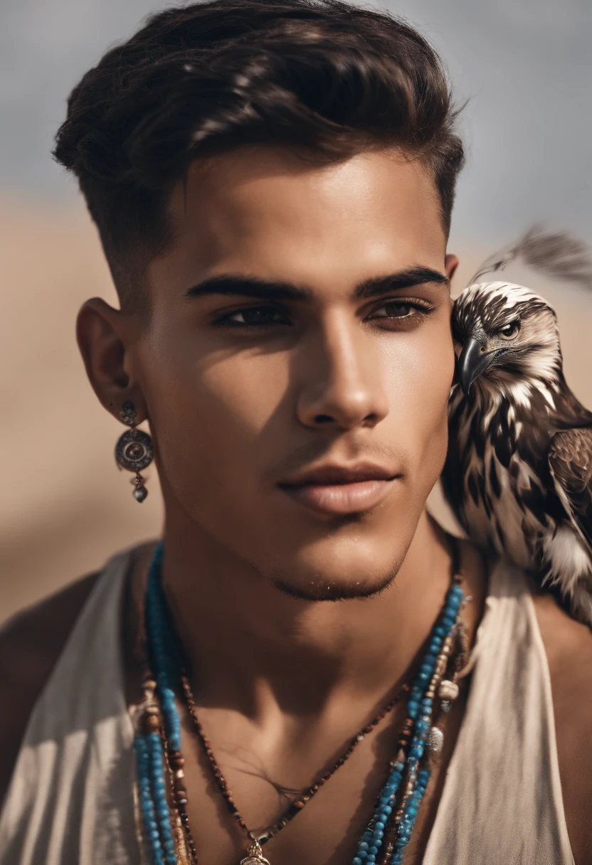 I want a drawing of a 20-year-old boy who is a dust guard teacher, sorrindo, de cabelos brancos e curtinhos, with three earrings in each ear and an eyebrow piercing, with eagle tattoo on neck. Has tattoos on both his right and left arm