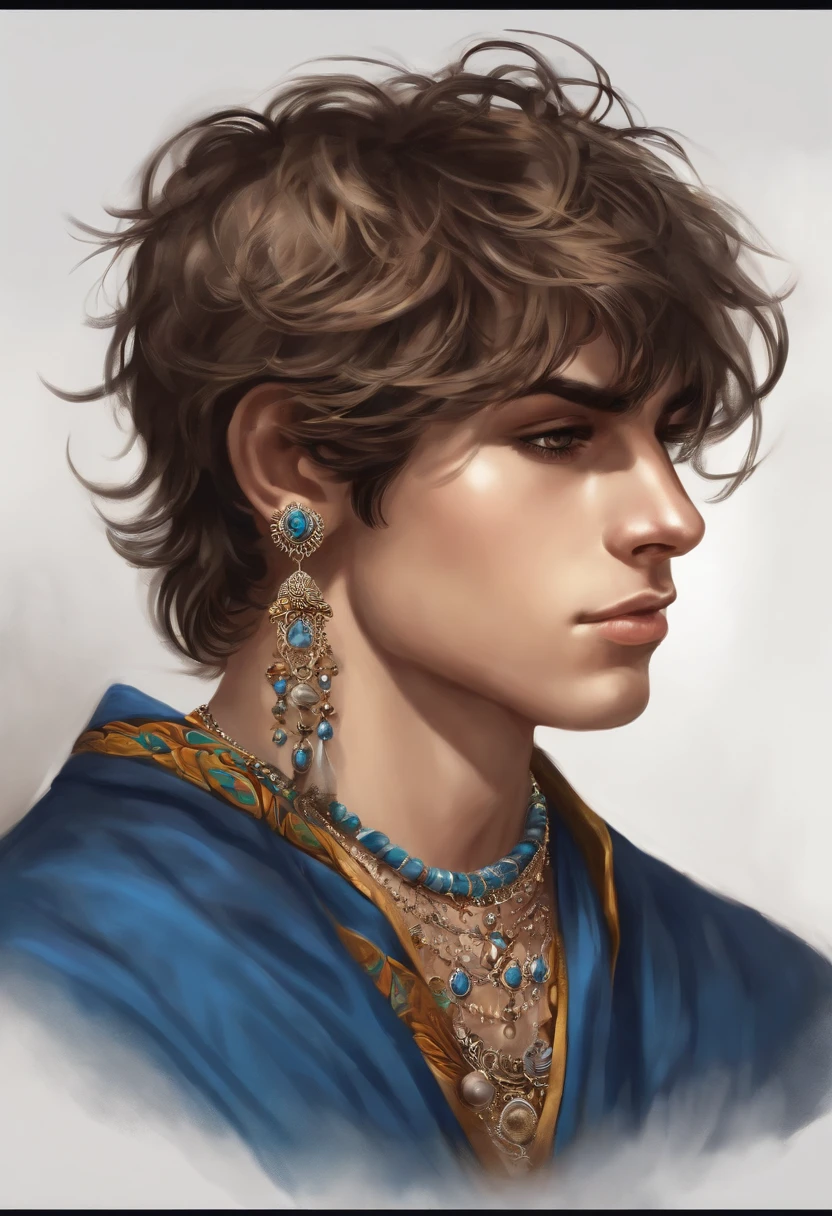 I want a drawing of a 20-year-old boy who is a dust guard teacher, sorrindo, de cabelos brancos e curtinhos, with three earrings in each ear and an eyebrow piercing, with eagle tattoo on neck. Has tattoos on both his right and left arm