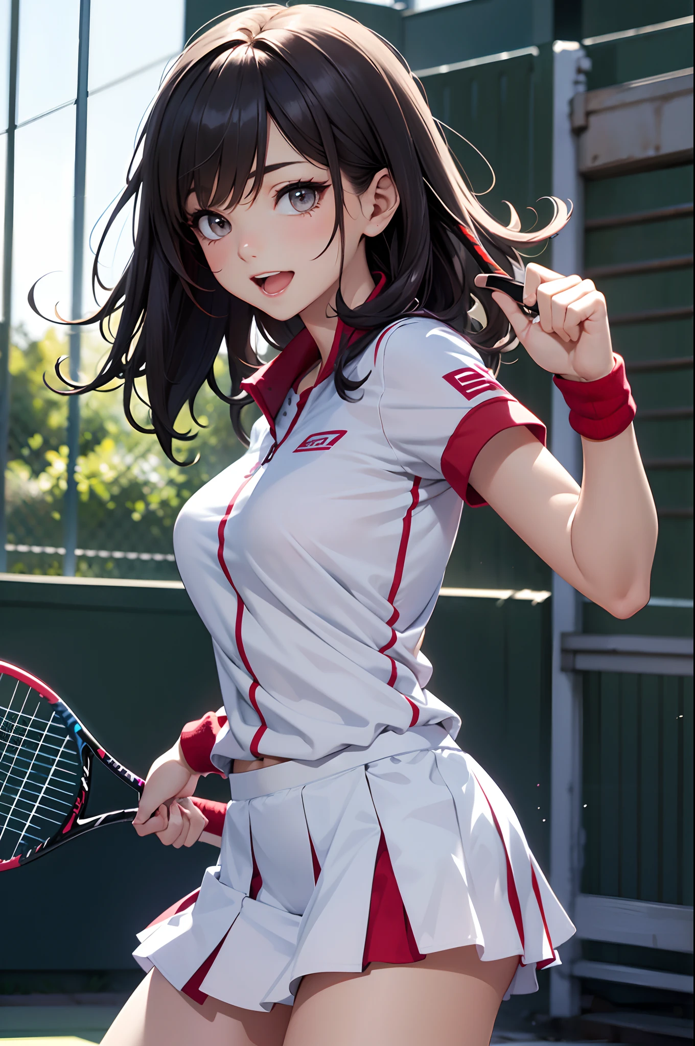 １The girls、shirts、preated skirt、yearsold、Bob Hair Style、smile on face、delightful!、Japanese people、enmaided、Chromo-white skin、Beautiful Eyes、（small tits）、Moving、Wimbledon、（Wearing white tennis wear）、Bright lighting、