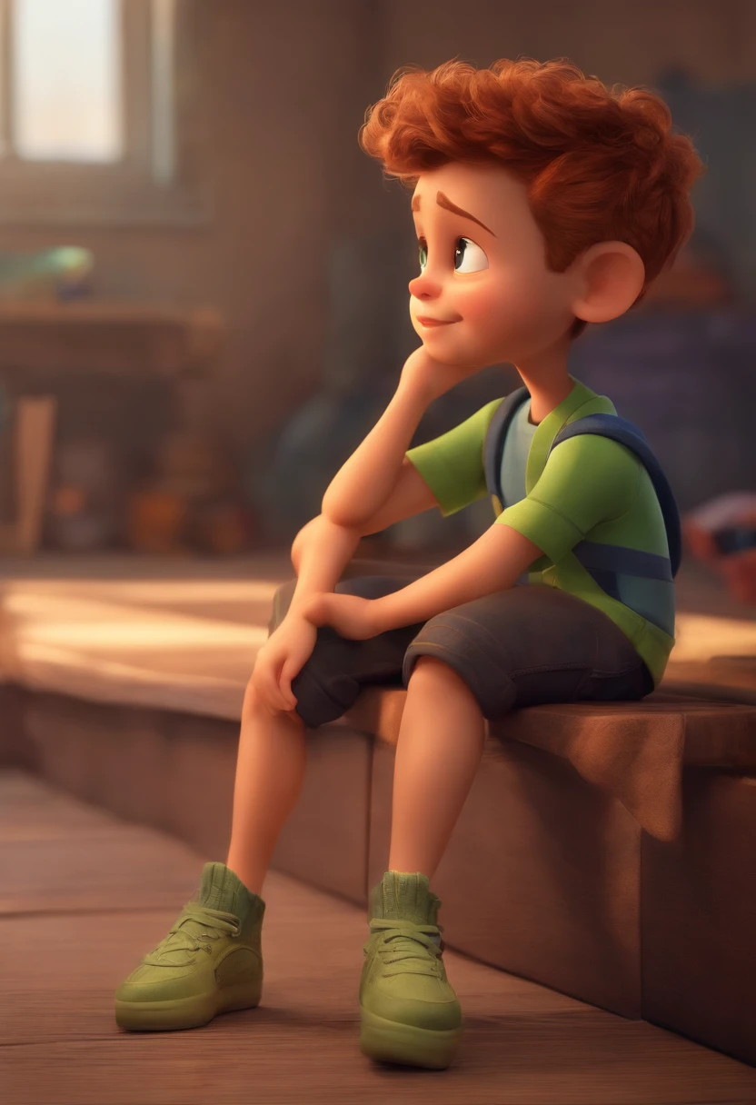 Image of a boy for a story in a YouTube video in Pixar format, he's little Otto, He's the class leader, He's outgoing, frisky, cabelos castanho claros e cacheado e olhos castanhos e levanta-se para um monte de coisas