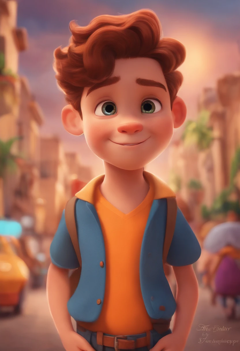 Image of a boy for a story in a YouTube video in Pixar format, he's  Otto, He's the class leader, He's outgoing, frisky, cabelos castanho claros e cacheado e olhos castanhos e levanta-se para um monte de coisas