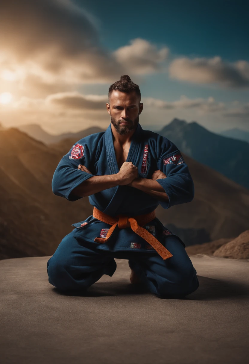 homem em frente a uma gigantesca montanha ao fundo, with arms crossed, Man in combat position, Quimono de jiu-jitsu, 8k, hyper realista, detalhado.
