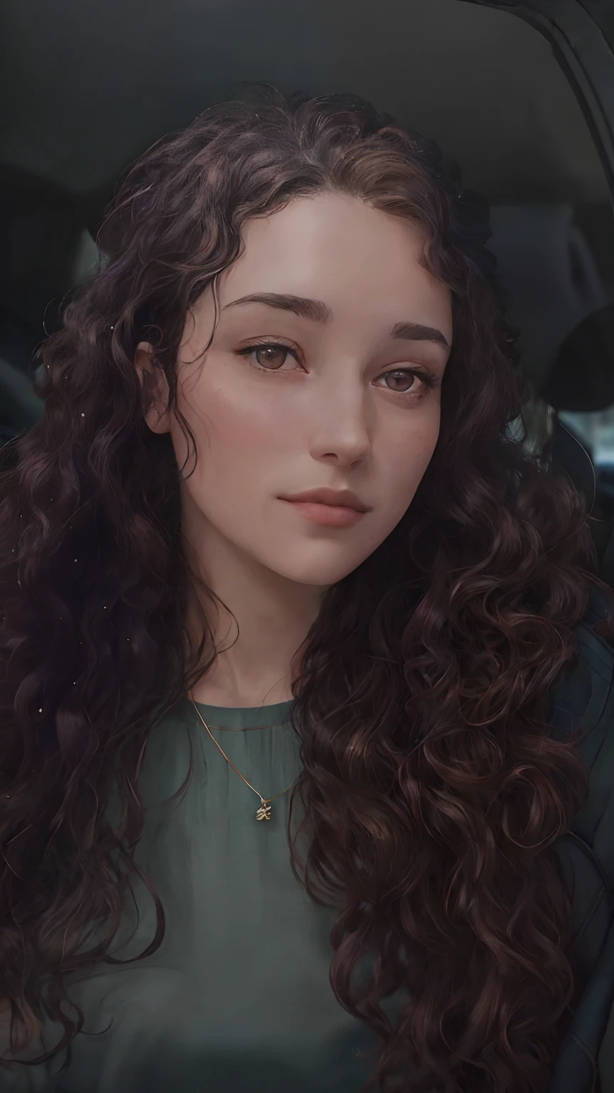 there is a woman with long curly hair sitting in a car, curly haired, taken in the early 2020s, her face framed with curls, curly, no makeup wavy hair, alanis guillen, olive skinned, headshot profile picture, frontal picture, violet myers, curly hair, with long curly hair, curls on top, brown curly hair