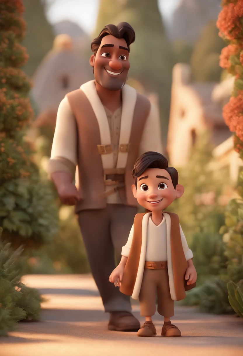 Cartoon character of a 10-year-old boy looking at a 40-year-old man with long hair and beard with a quiet and smiling countenance wearing a white and brown tunic in pastel colors, um personagem animado, Caractere estilizado, animation style rendering, 3D estilizado, Arnold Maya render, 3 d render stylized, toon render keyshot, Personagem 3D, Personagem 3D, 3d rendering stylized, 3 d character render, personagem de desenho animado, Personagem de close up, Pose de personagem, (Estilo Pixar) (master part:1.2) (Bokeh) (best quality) (pele detalhada) (textura detalhada) (8k) (argila) (Cinematic lighting) (foco nítido，Senta e vaza a parte superior do corpo