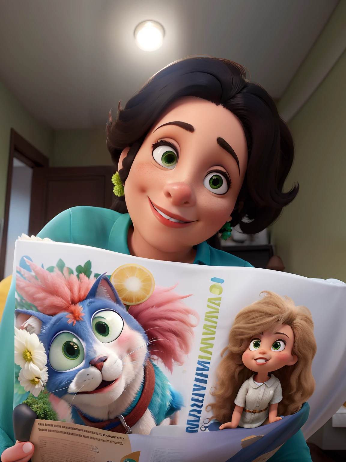 Obra-prima, de melhor qualidade, um casal, a mulher tem cabelos escuros longos ondulados, olhos castanho claro, pele clara o homem tem pele escura, cabelo curtinho e barba com bigode e cavanhaque e olhos pequenos com sorriso, segurando no colo uma gata branca com um olho verde e o outro azul