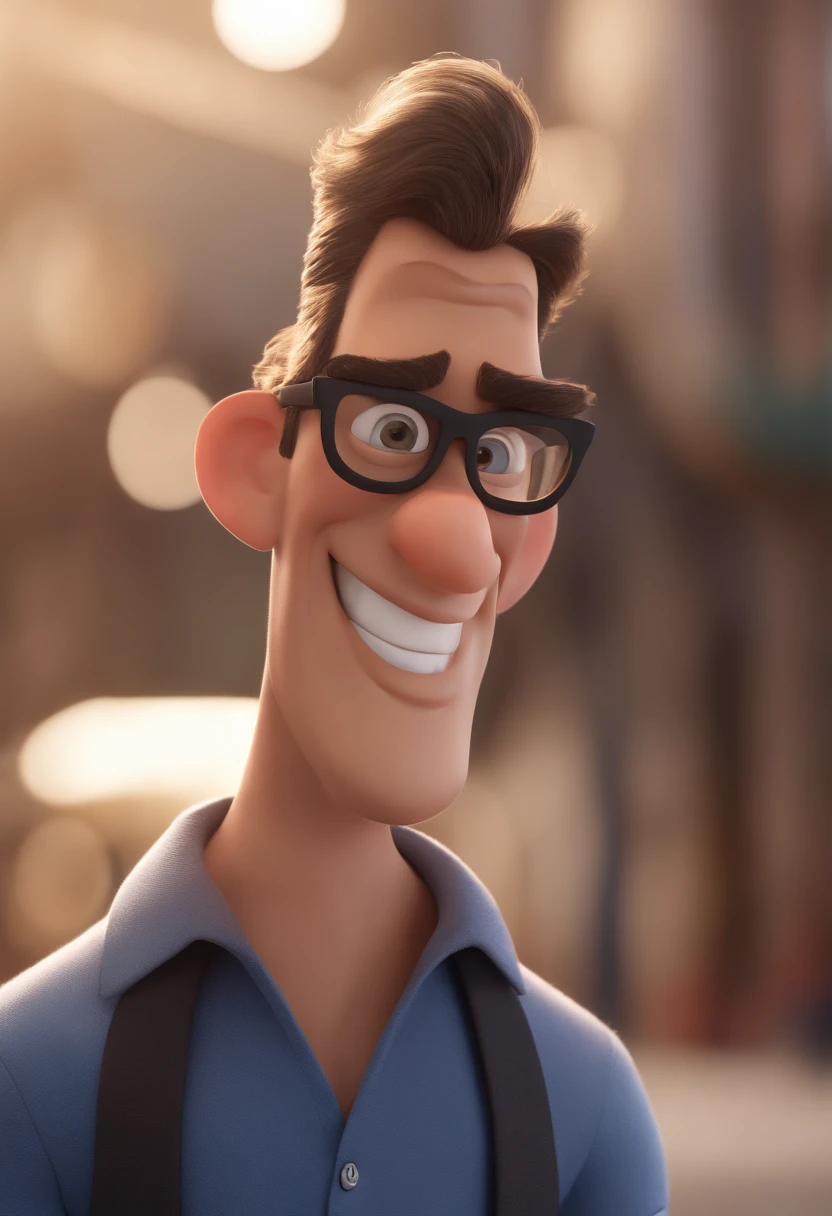 Cartoon character of a man with black glasses and a blue shirt, animation character, Caractere estilizado, animation style rendering, 3D estilizado, Arnold Maya render, 3 d render stylized, toon render keyshot, Personagem 3D, Personagem 3D, 3d rendering stylized, 3 d character render, personagem de desenho animado, Personagem de close up, Pose de personagem,  (Estilo Pixar) (master part:1.2) (Bokeh) (best quality) (pele detalhada) (textura detalhada) (8k) (argila) (Cinematic lighting) (foco nítido,  sem cabelos,  sem barba,  terno, gravata,