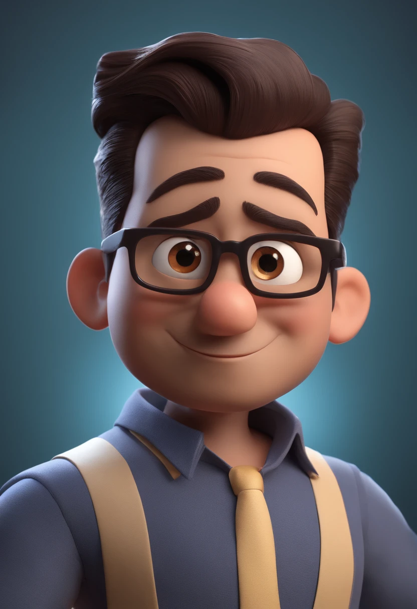Cartoon character of a man with black glasses and a blue shirt, animation character, Caractere estilizado, animation style rendering, 3D estilizado, Arnold Maya render, 3 d render stylized, toon render keyshot, Personagem 3D, Personagem 3D, 3d rendering stylized, 3 d character render, personagem de desenho animado, Personagem de close up, Pose de personagem,  (Estilo Pixar) (master part:1.2) (Bokeh) (best quality) (pele detalhada) (textura detalhada) (8k) (argila) (Cinematic lighting) (foco nítido,  sem cabelos,  sem barba,  terno, gravata,