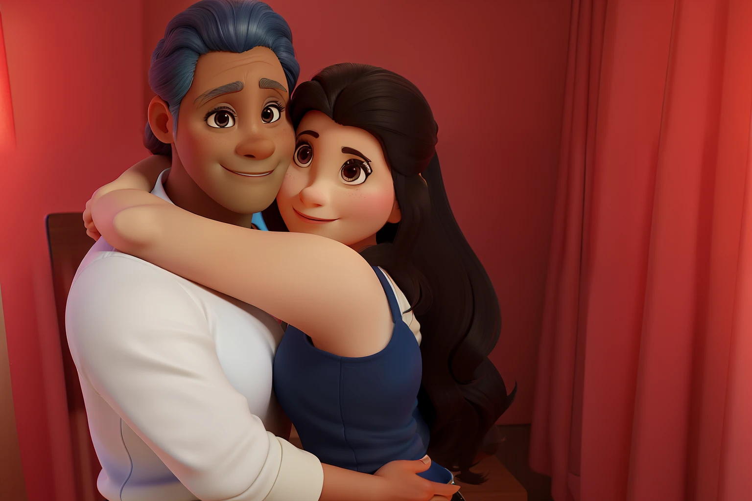 Um poster 3D inspirado na Disney Pixar, uma mulher de 40 anos pele clara, olhos castanhos e cabelo comprido cacheado castanho, na boca sorridente batom marrom, na roupa avental marrom, illuminated by the light of a lamp, contra o pano de fundo de uma cozinha americana, na parede com prateleiras e quadros , Woman is making a cream cake on the table, cupcakes, brigadeiros and mixer