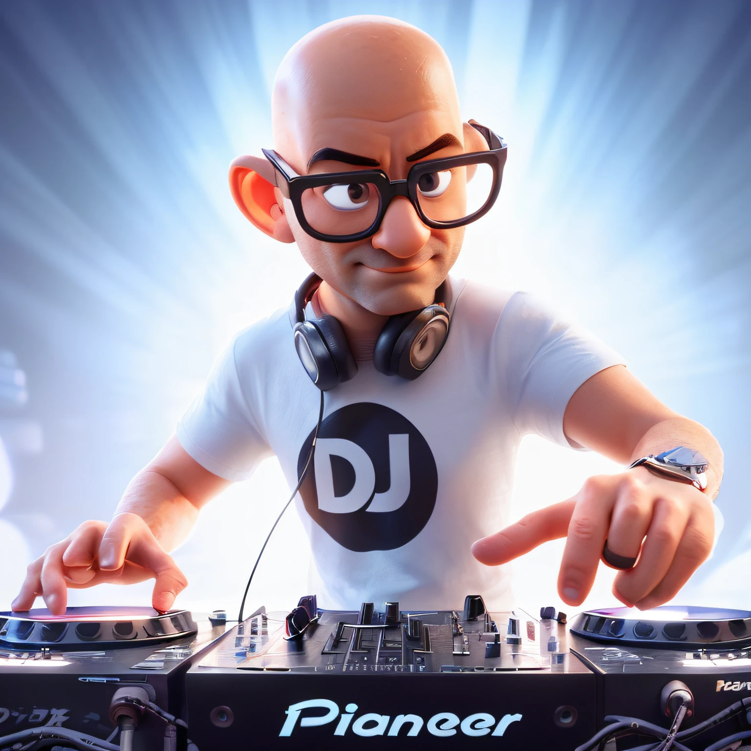 create a pixar-inspired 3D poster capturing a scene with a bald, beardless 30-year-old DJ who wears glasses and an apple watch and wears a white t-shirt with Dj Magoo written on it playing with a pioneer controller with Disney Dj written on the back
