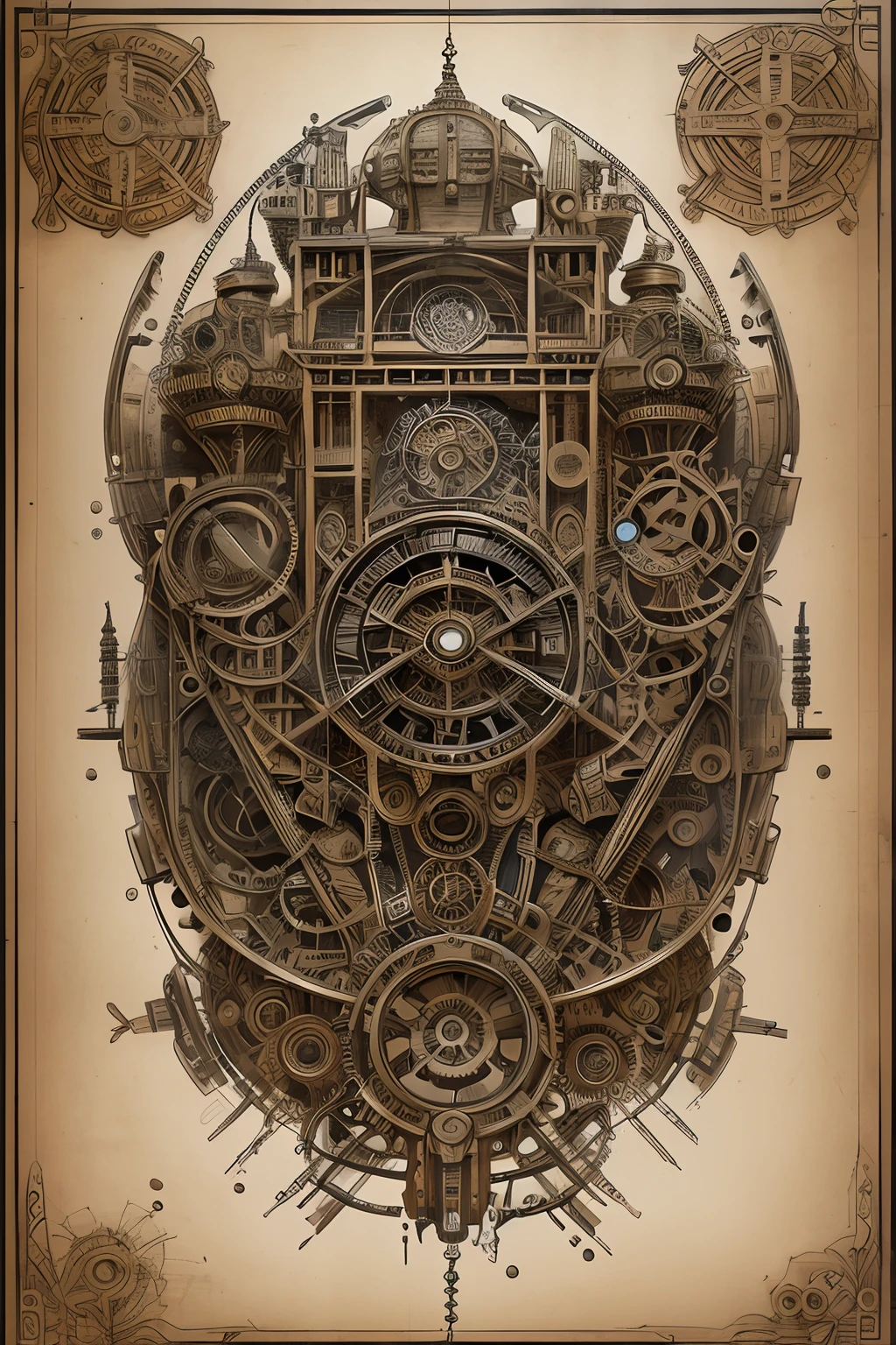 Full-page design concept of an organic robotic device, Steampunk Plan, intricate details, Ink on paper, Scientific, highly detailed labeled, Poster