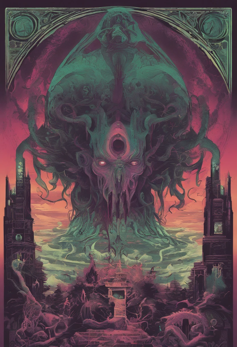 magazine cover POSTER ART, Explore the Lovecraftian horror genre with an illustration of Queen that conveys the otherworldly and cosmic dread often associated with the works of H.P. Lovecraft. text, logos, modern art, pop art