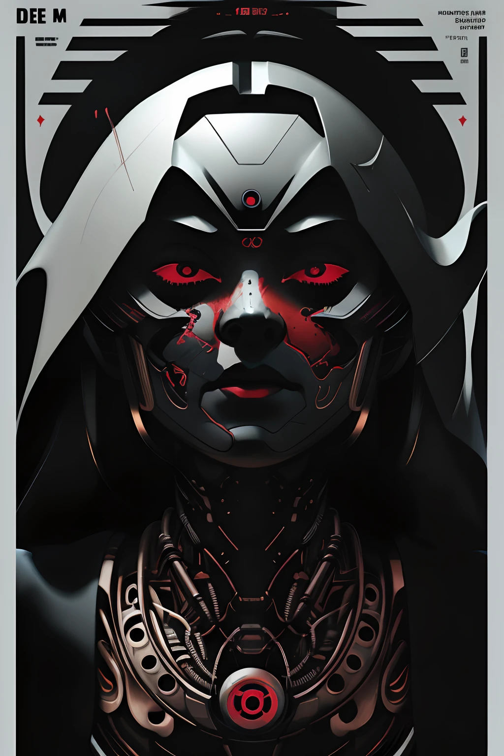 Depict face emerging from the shadows, magazine cover, poster art, robot girl