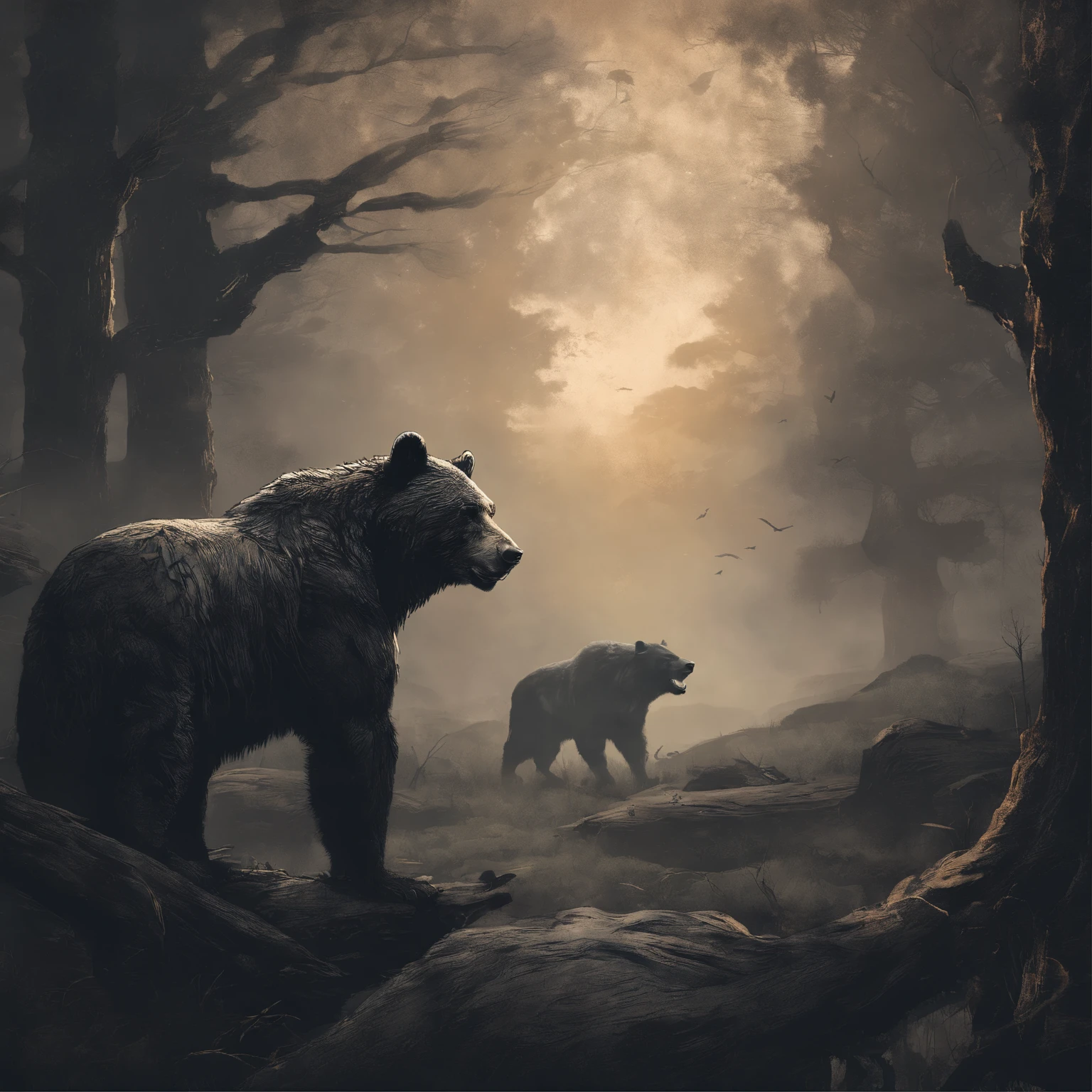 best quality,ultra-detailed,realistic:1.37,forest,bear skin,berserkers,mysterious atmosphere,mystical atmosphere,menacing,ancient warriors,dark forest,ominous,haunting aura,intense gaze,thick fur,ancient runes,secret rituals,unsettling presence,menacing aura,primal rage,wild energy,ominous shadows,mighty warriors,tribal tattoos,ragged clothing,savage,ferocious,wilderness,untamed,beard,heavily built,gloomy,otherworldly,ominous trees,moss-covered ground,dense foliage,sunlight piercing through leaves,lit by moonlight,ethereal glow,whispering winds,foreboding,tension,spiritual connection,hulking figures,distant thunder,rays of light,brooding,powerful,unyielding,ancient beasts,mystic symbols,deep-rooted traditions,ancestral knowledge,roaring Gales,untamed spirits,serene tranquility,color palette: earthy tones,dappled light,subtle shadows,ambient lighting