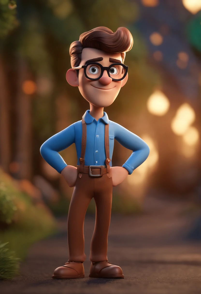 Cartoon character of a man wearing black glasses and a blue shirt, um personagem animado, Caractere estilizado, animation style rendering, 3D estilizado, Arnold Maya render, 3 d render stylized, toon render keyshot, Personagem 3D, Personagem 3D, 3d rendering stylized, 3 d character render, personagem de desenho animado, Personagem de close up, Pose de personagem,  (Estilo Pixar) (master part:1.2) (Bokeh) (best quality) (pele detalhada) (textura detalhada) (8k) (argila) (Cinematic lighting) (foco nítido