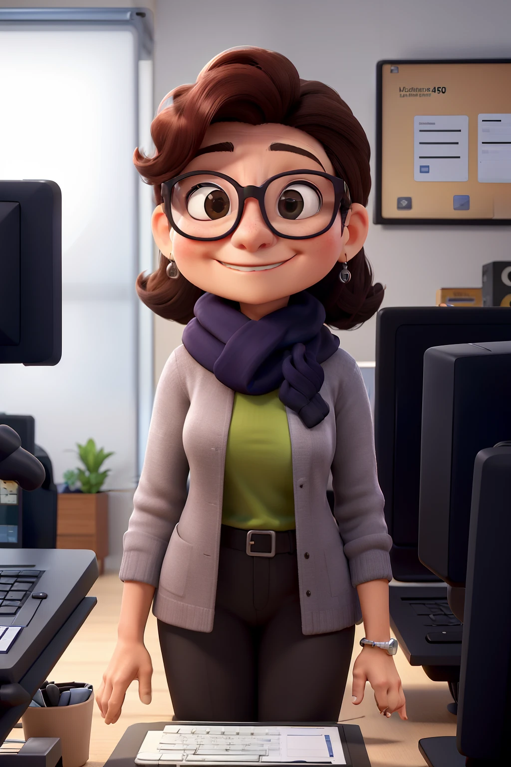 Obra-prima, de melhor qualidade, uma mulher aos 50 anos de idade, with glasses and scarf, vestindo uma camiseta preta, sentada em frente a um microcomputador. On the computer screen we can see a piece of a software source code.