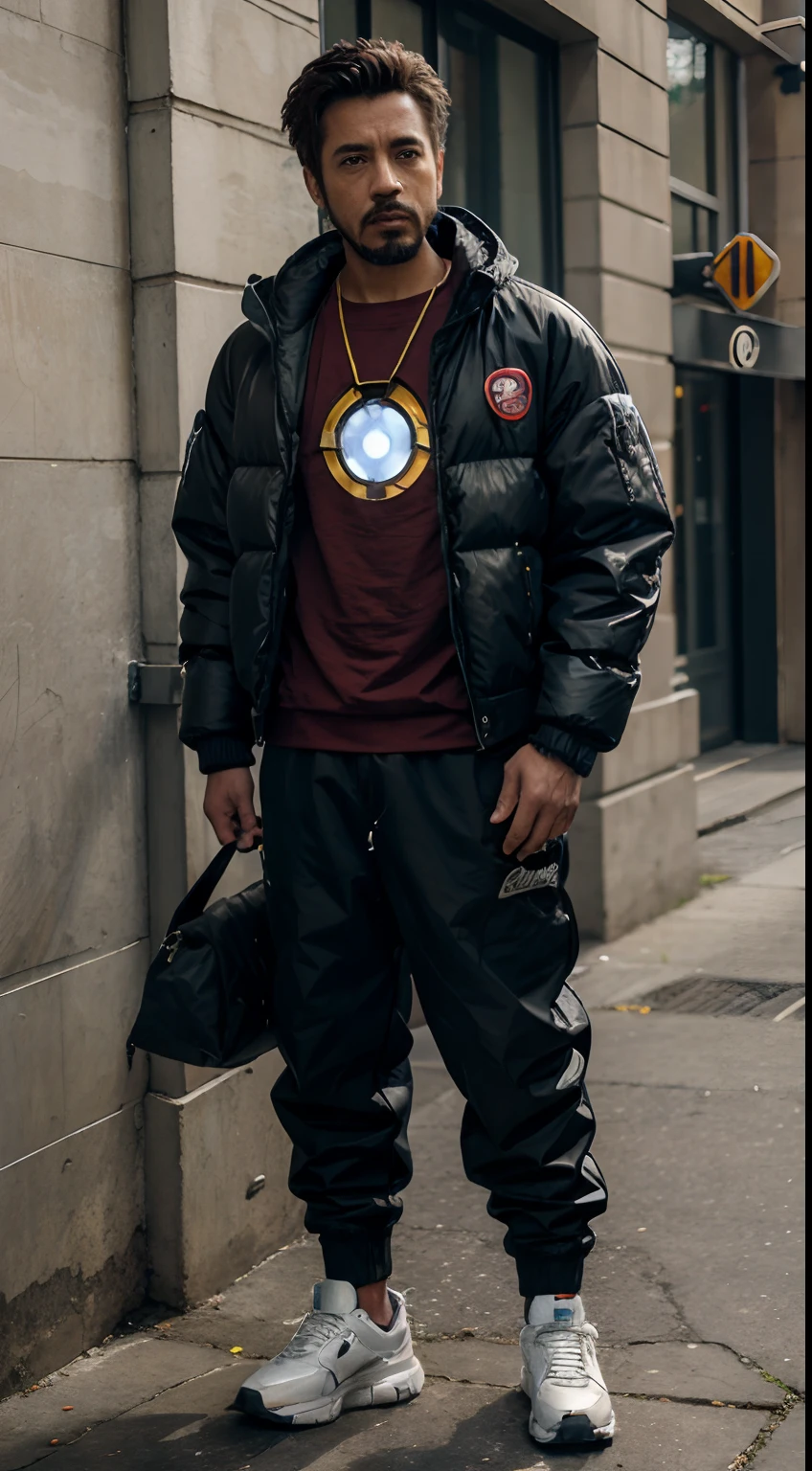 masterpiece, beautiful, iron man, iron-man, dripp king, cool clothes, puffer jacket, baggy pants, weed around him, realistic, superrealistic, great picture, model clothes